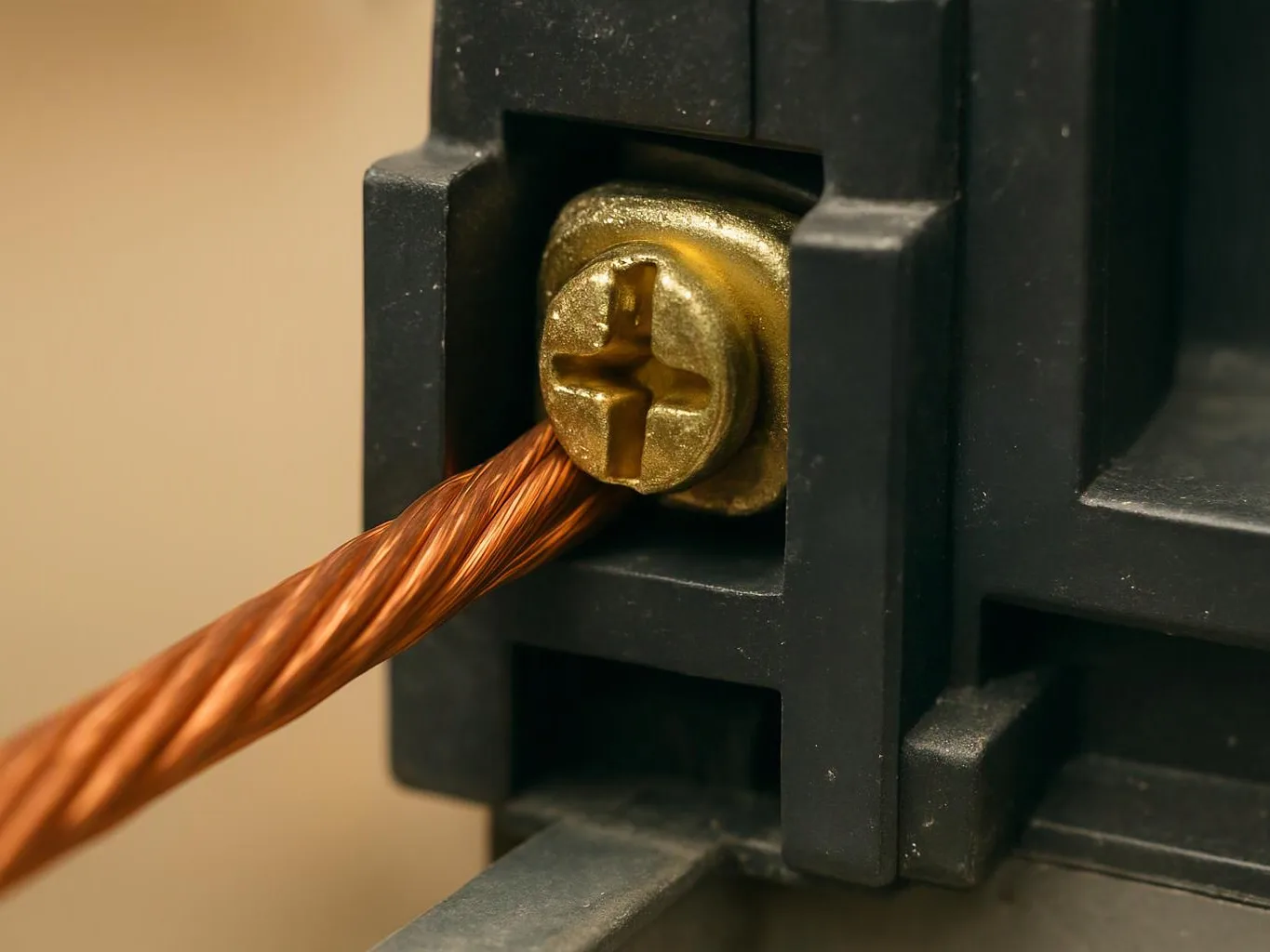A copper wire is clamped under a brass screw inside a black electrical connector