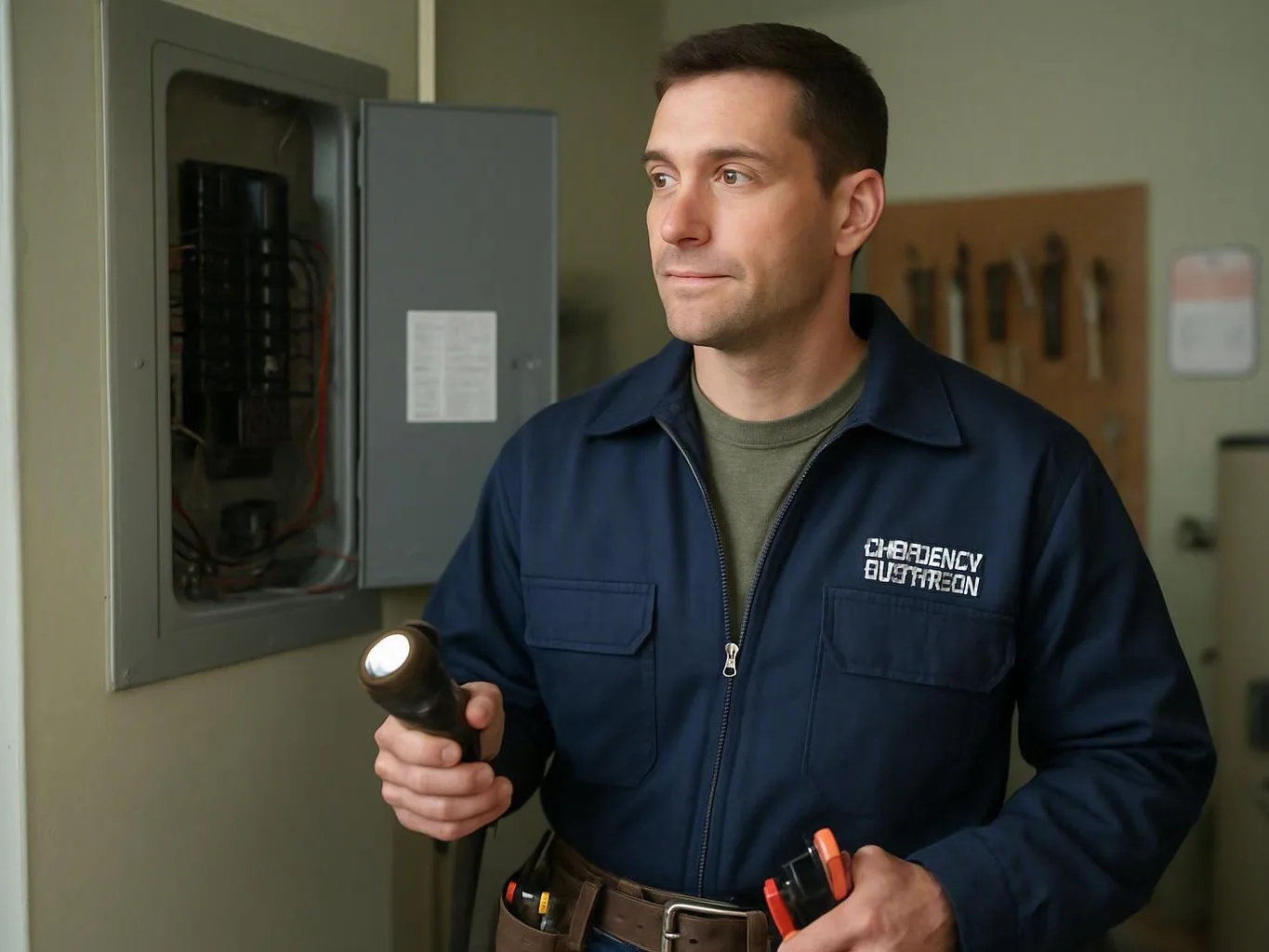 Electrician holding a flashlight and tools beside an open electrical panel in a hallway