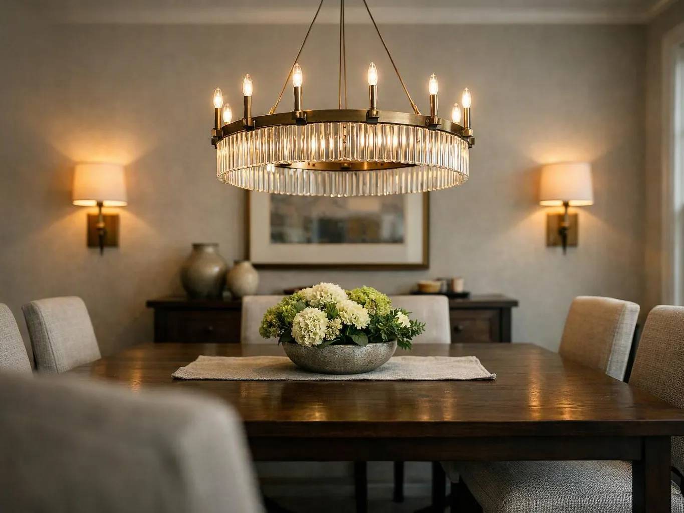 A dining room with a dark wooden table, flower centerpiece, chandelier, and warm wall sconces
