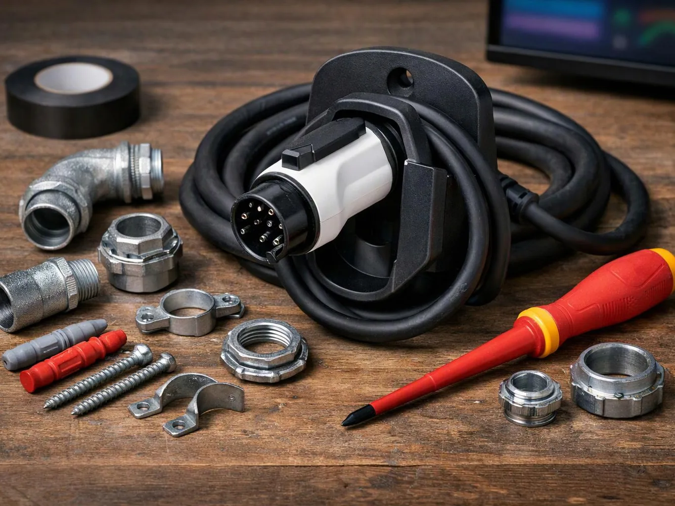 Electric vehicle charging plug with coiled cable, fittings, screws, and a red tester on a wooden workbench