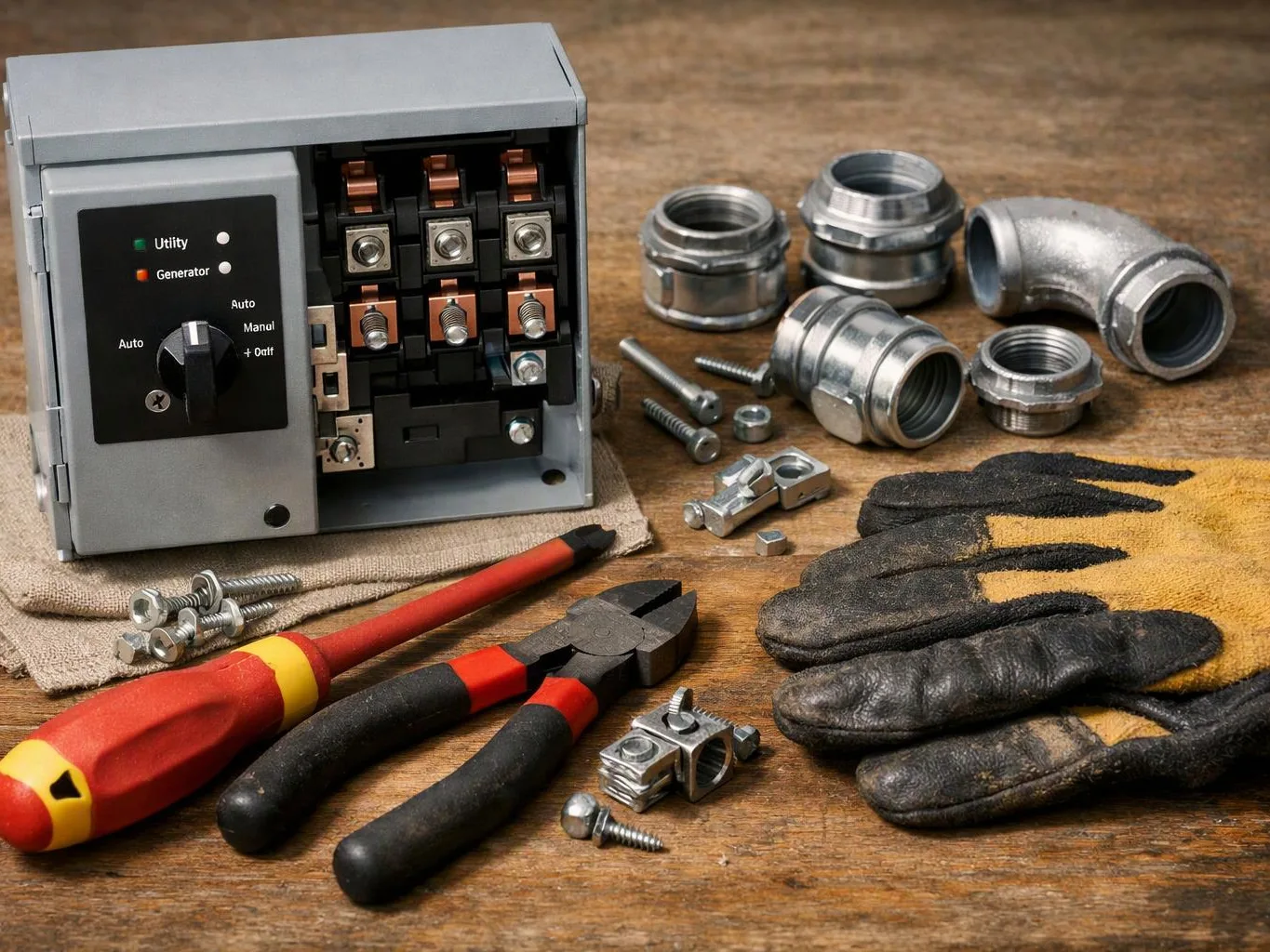 Electrical parts, tools, and worn gloves are laid out on a wooden workbench next to a control box