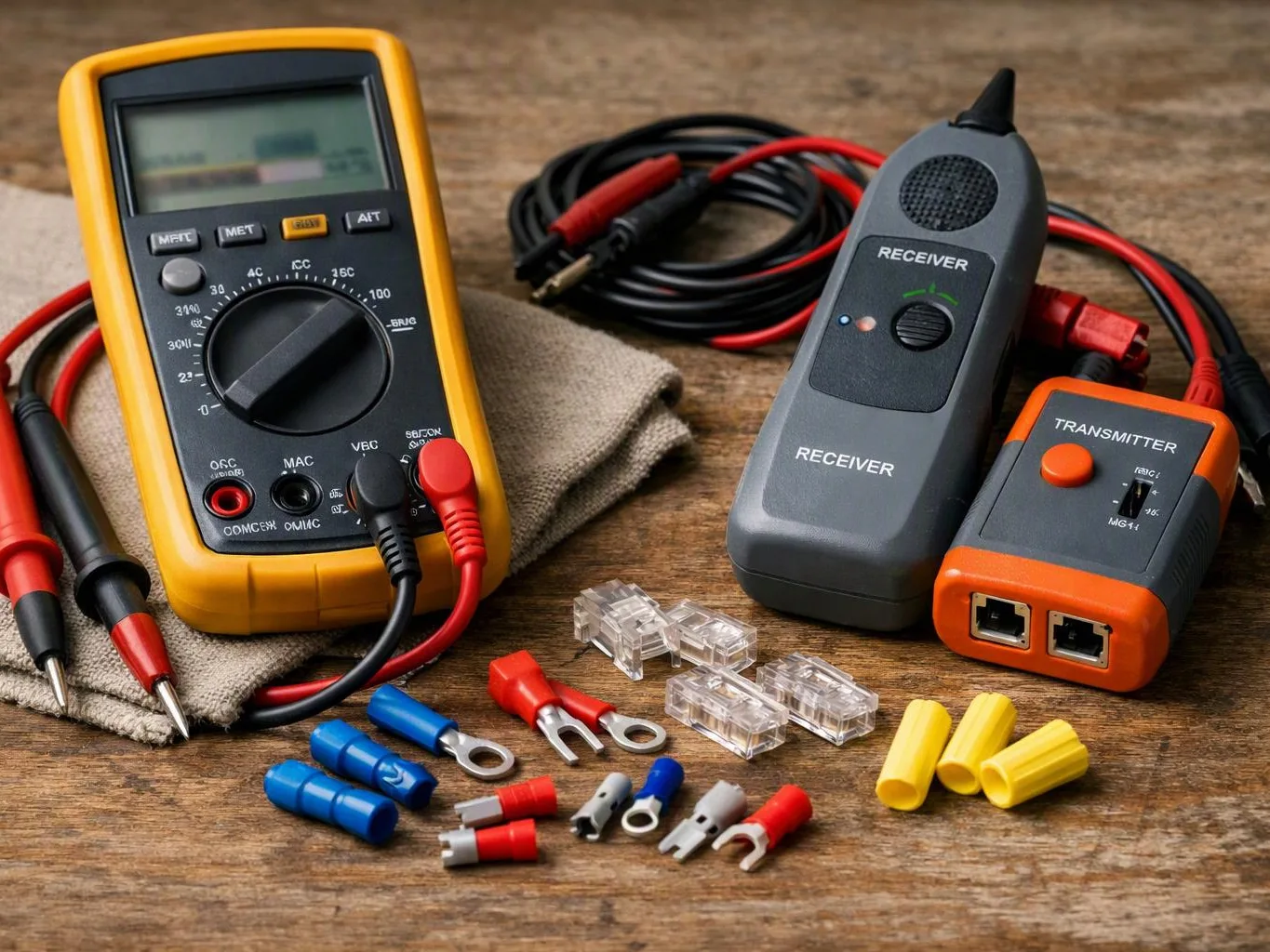 Electrical test tools and cable connectors are arranged on a wooden table