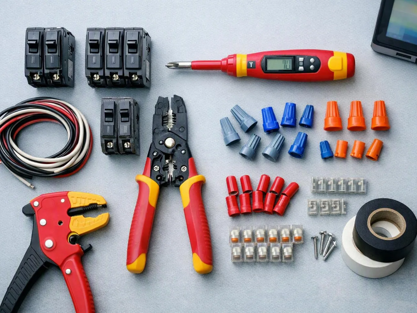 Electrical tools and connectors are laid out on a gray surface, including pliers, wire, switches, caps, screws, and tape