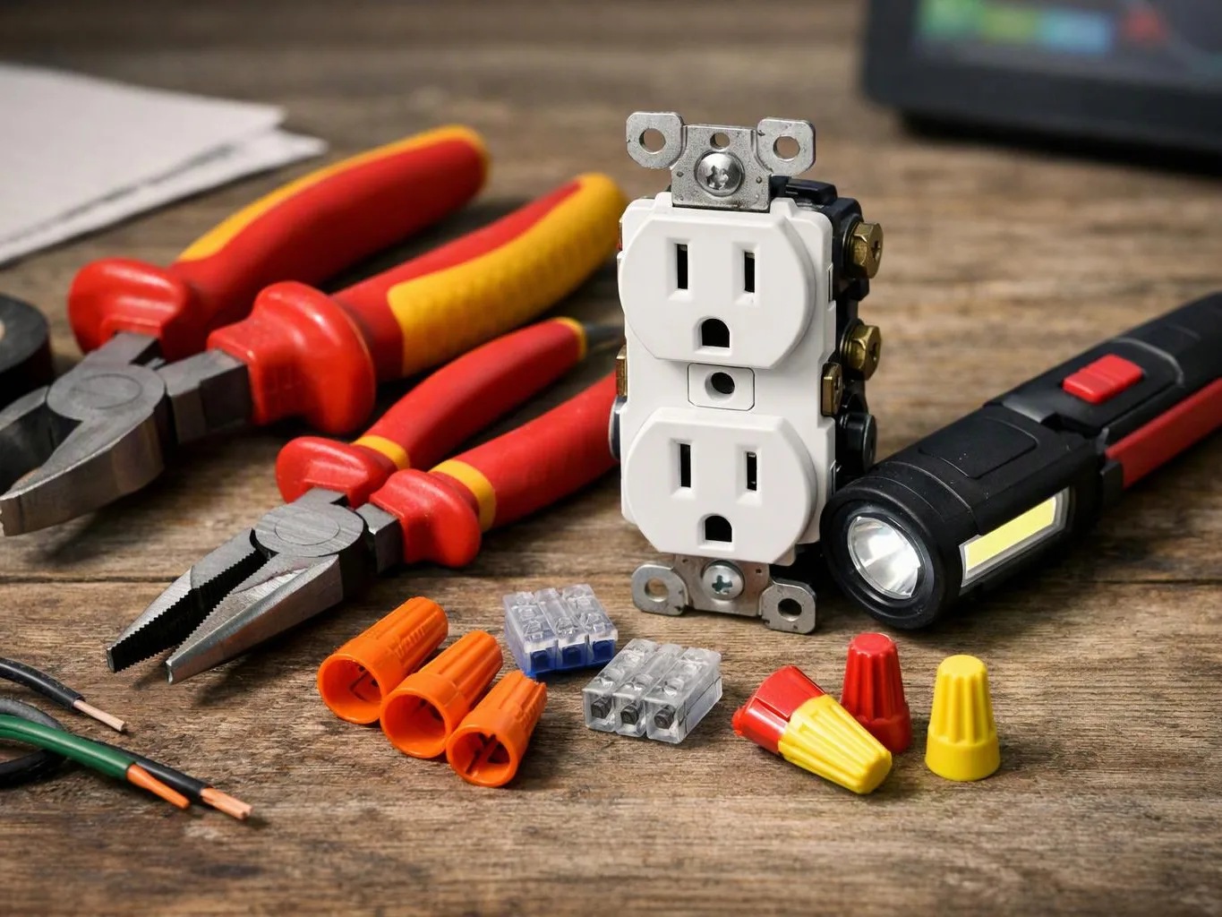 Electrical tools and connectors surround a white wall outlet and a black flashlight on a wooden workbench