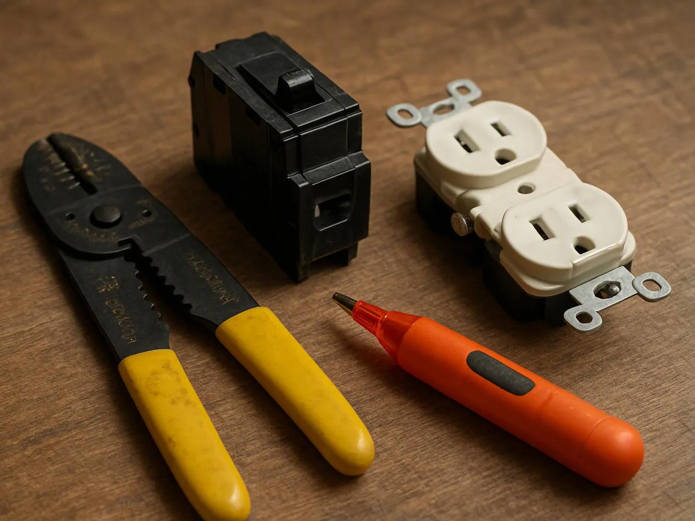Electrical tools and outlets rest on a wooden table, including pliers, a tester, and two receptacles