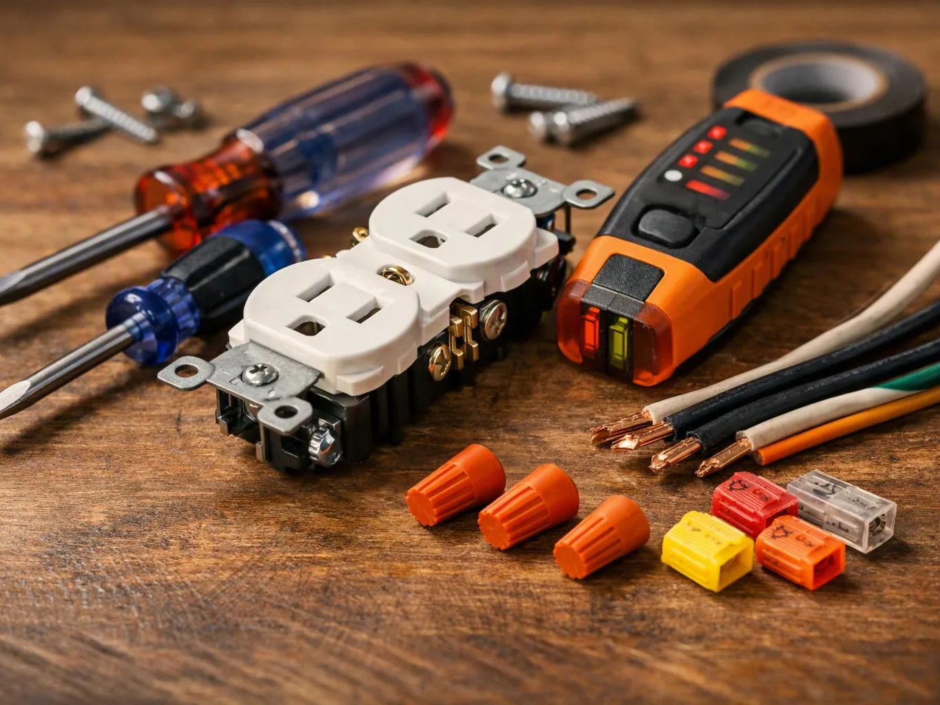 Electrical tools and wiring parts sit on a wooden table, including outlets, screwdrivers, cut cables, connectors, and tape