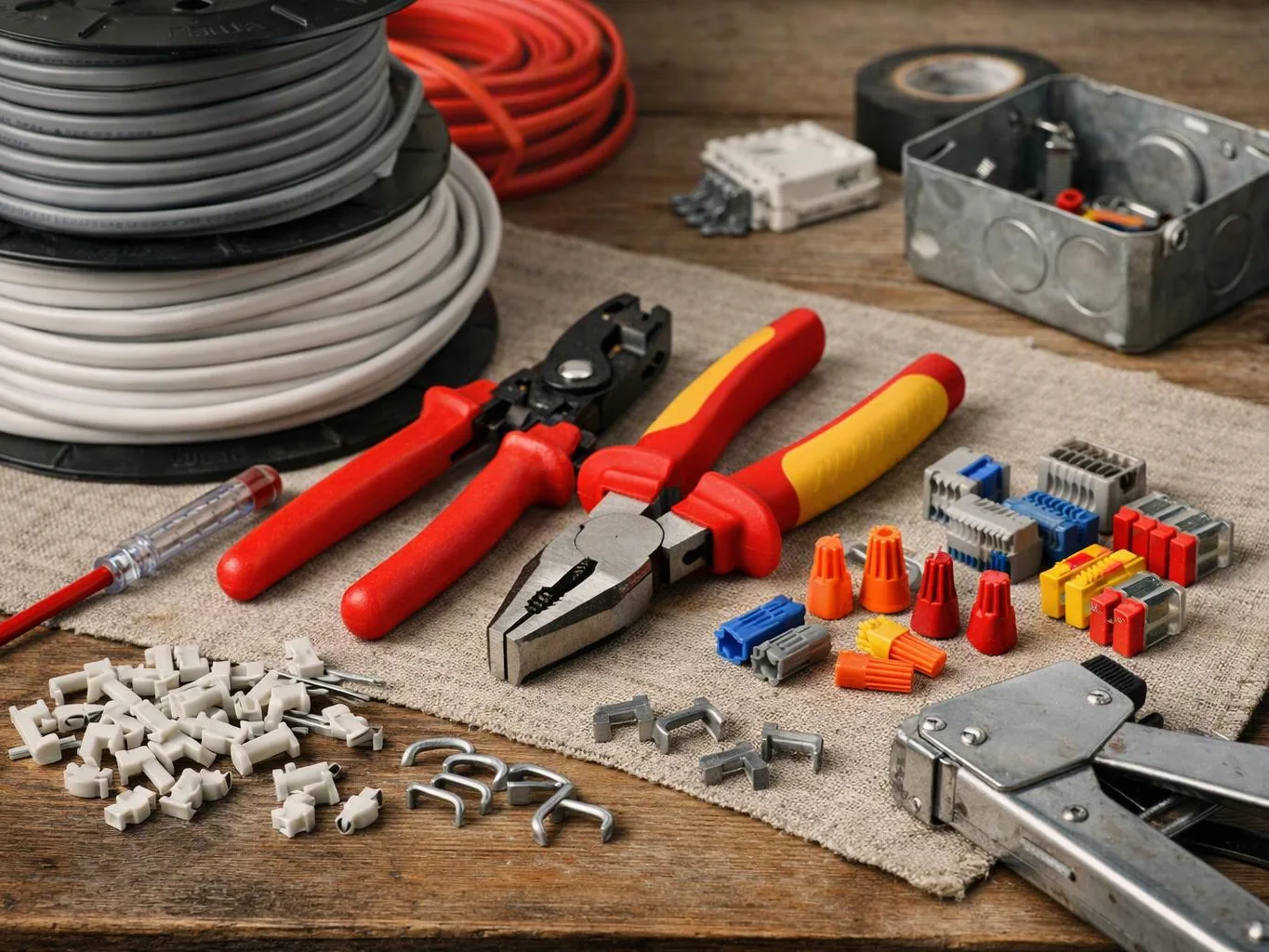 Electrical wiring tools, cable spools, connectors, and a metal junction box arranged on a wooden workbench