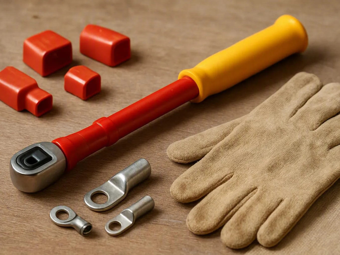 Ratchet crimping tool, metal electrical lugs, and protective work gloves on a wooden surface