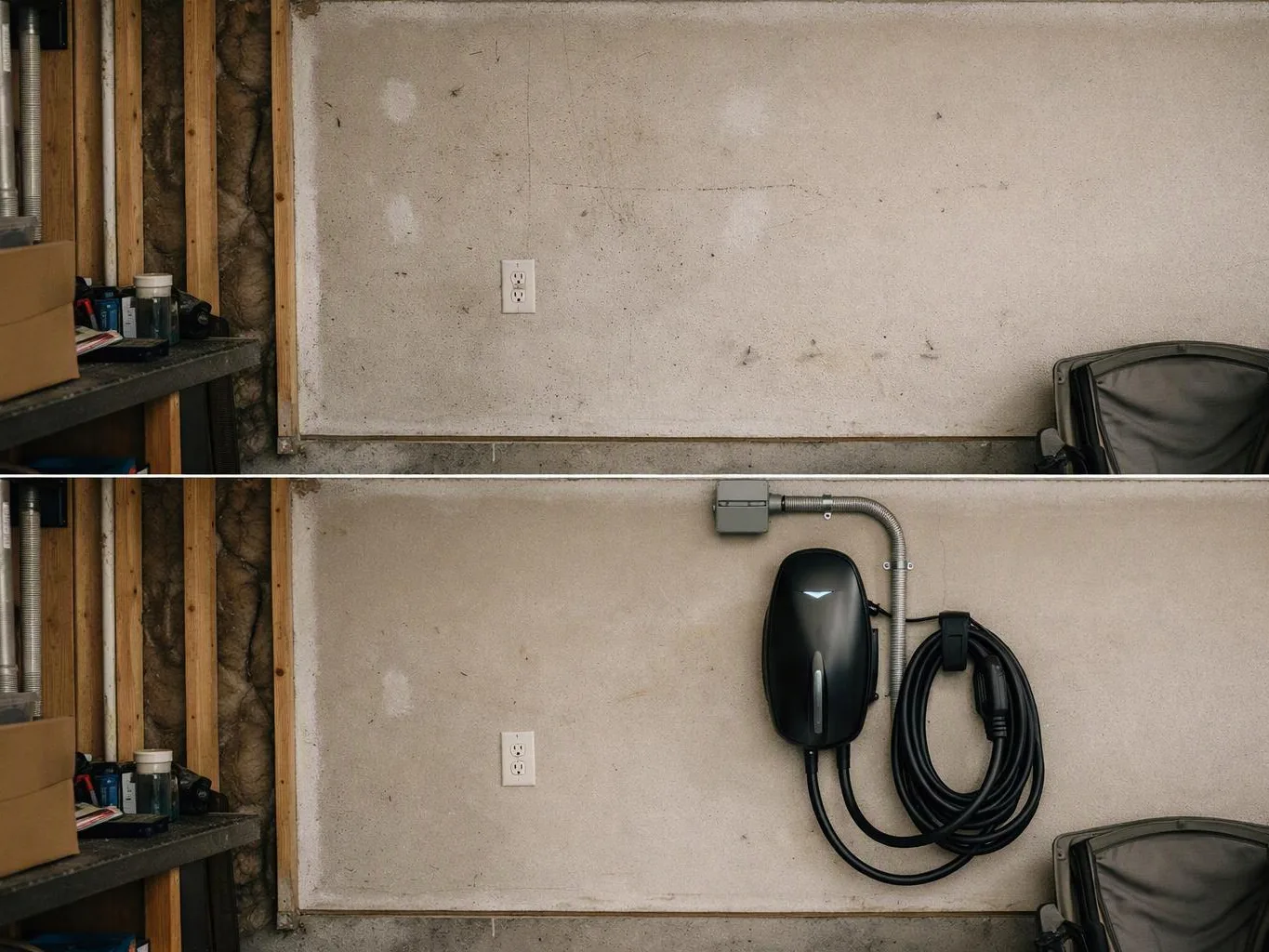 A garage wall before and after, showing a wall-mounted electric car charger installed beside a chair