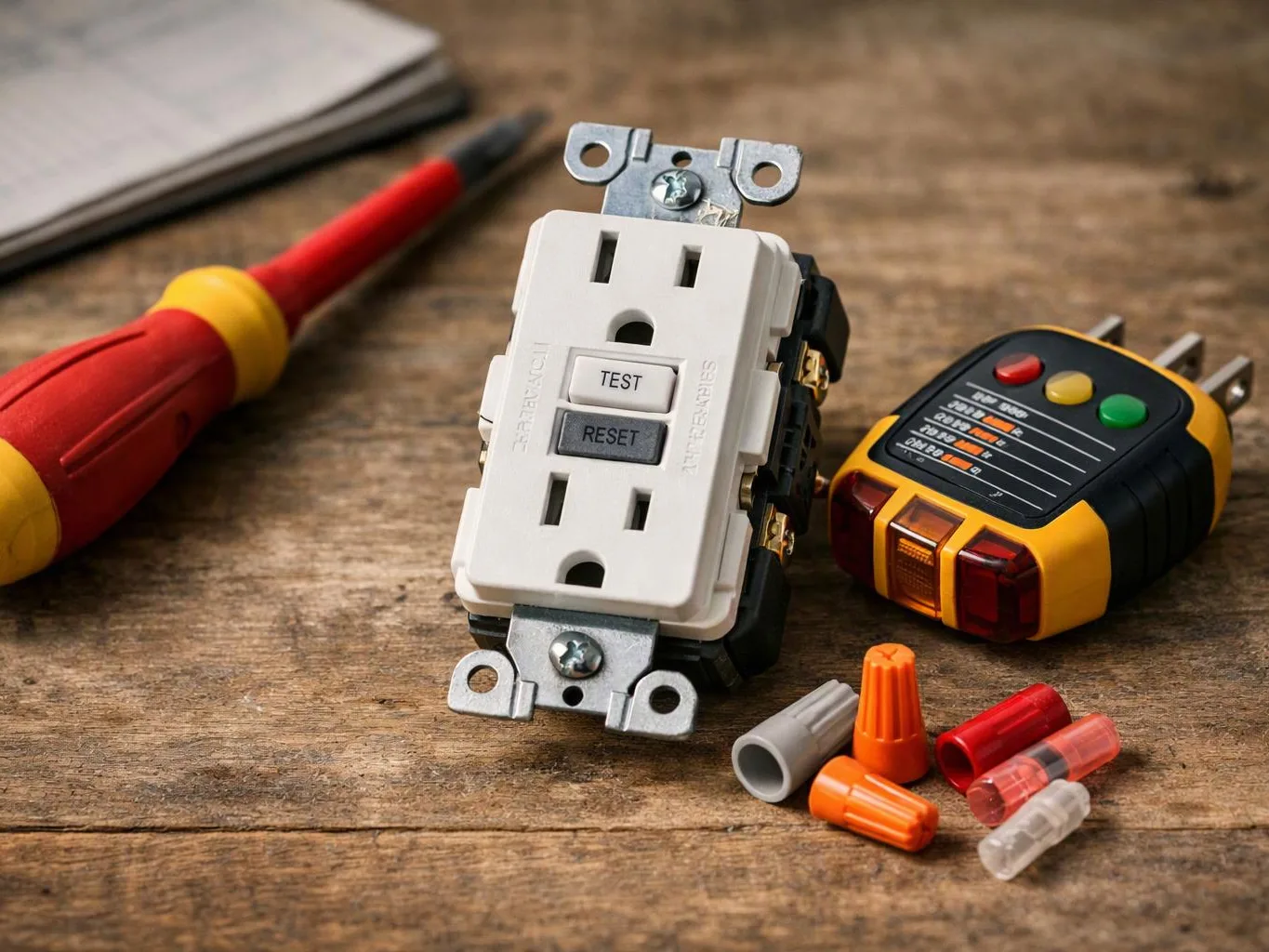 A GFCI electrical outlet sits beside screwdrivers, a voltage tester, and wire connectors on a wooden workbench