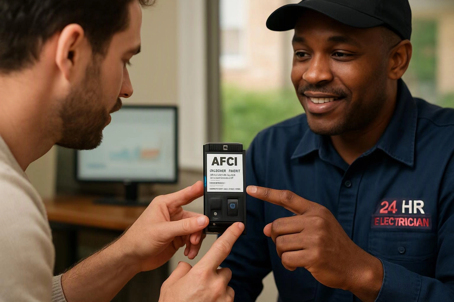 Two men examine a small black device with a label, indoors near a computer monitor