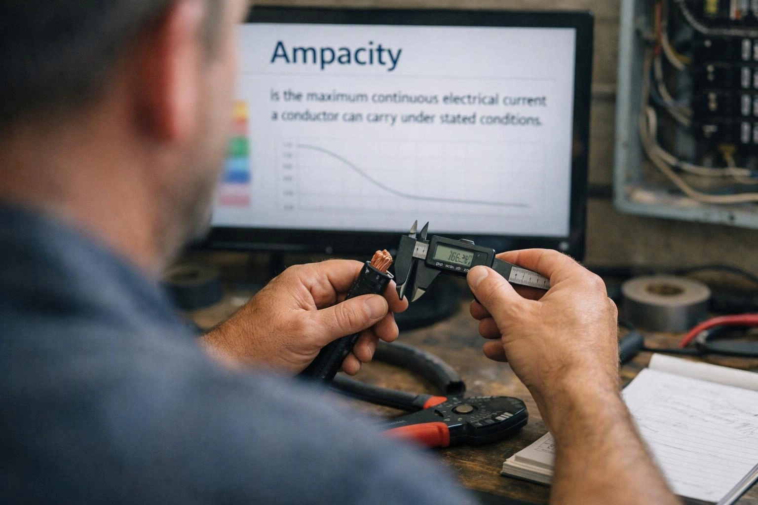 A person measures a cable with calipers at a workbench while a monitor shows an ampacity chart