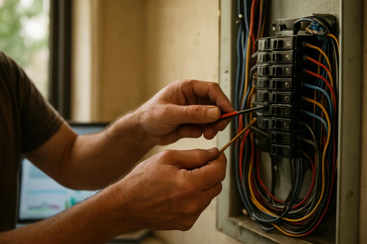 A person’s hands connect wires inside an open electrical breaker panel indoors