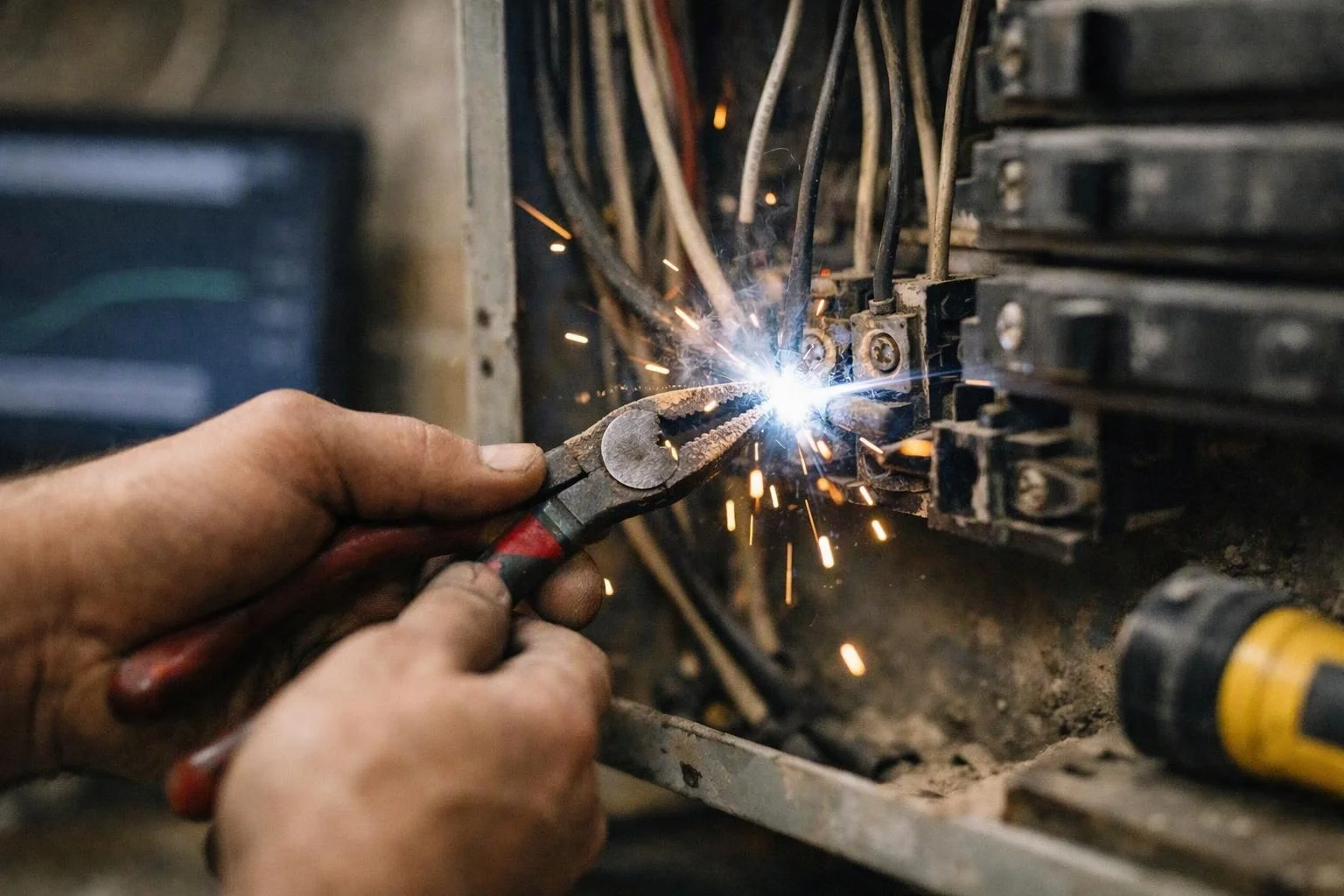 Hands use pliers to cut a live wire inside an open electrical panel, sending sparks flying