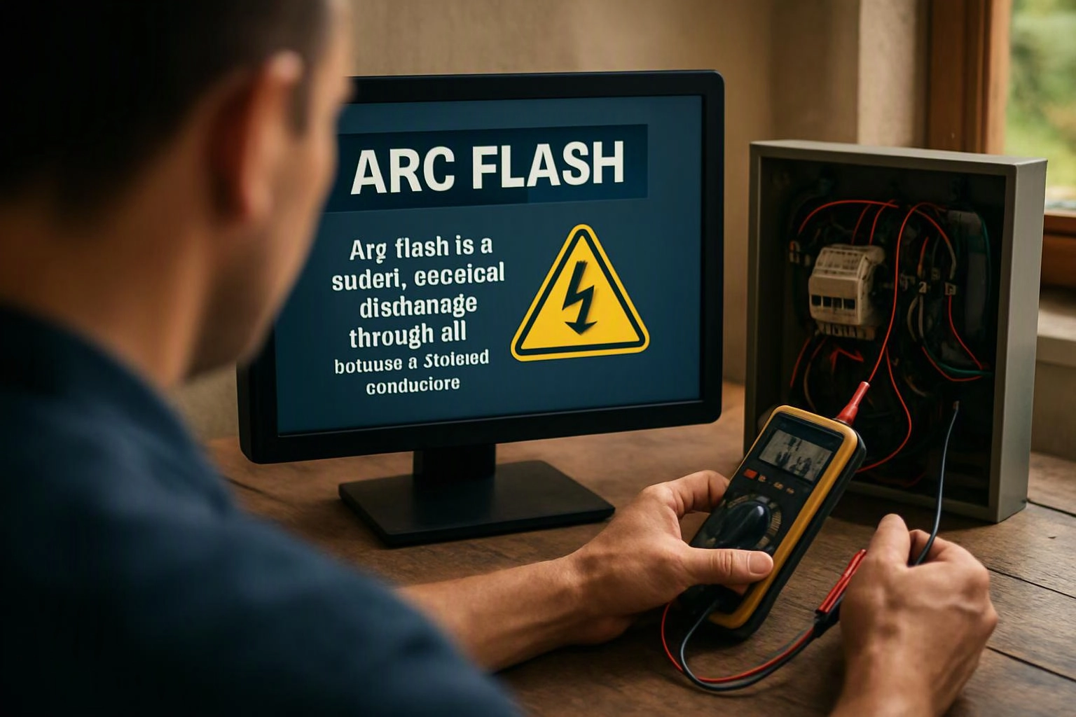 A person tests exposed wiring beside a monitor showing an arc flash warning sign inside a workshop