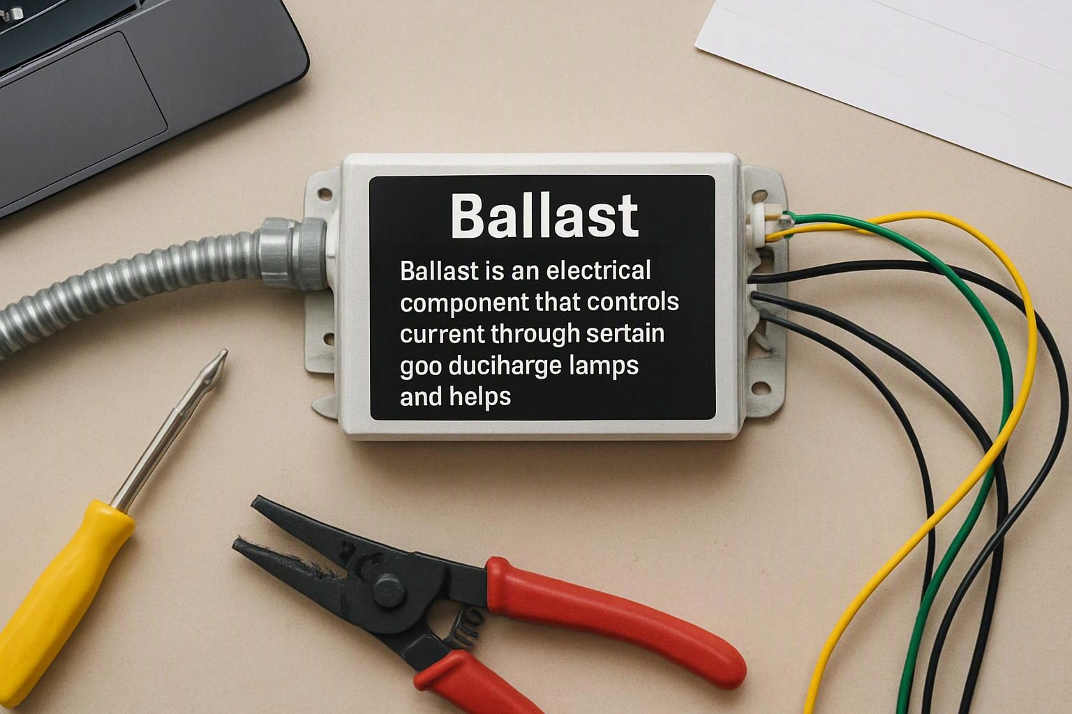 An electrical ballast with labeled wires sits on a work surface beside a screwdriver and pliers