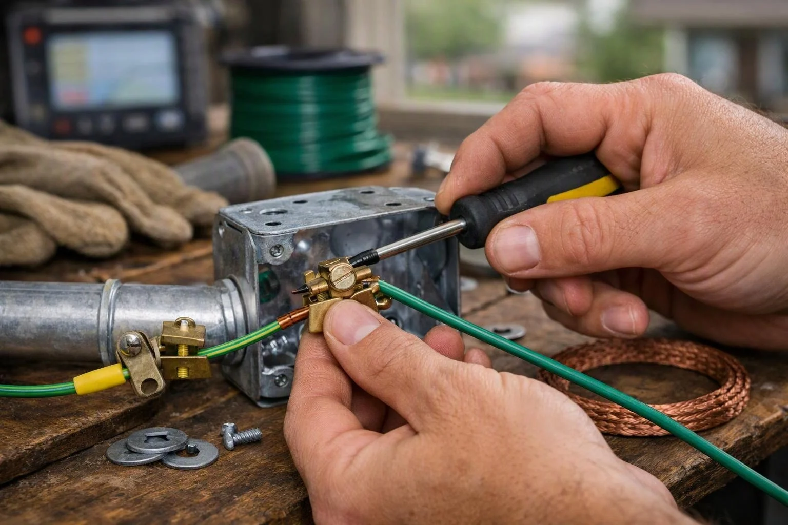 Hands use a screwdriver to tighten a wire connection beside a metal electrical box on a workbench