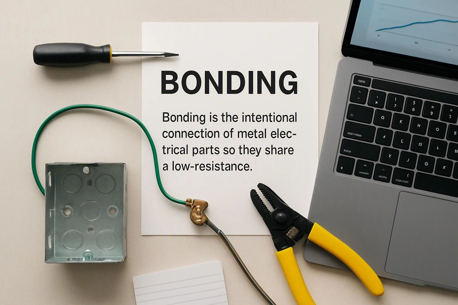 A printed bonding diagram with tools, a green wire, a metal box, and a laptop lies on a desk
