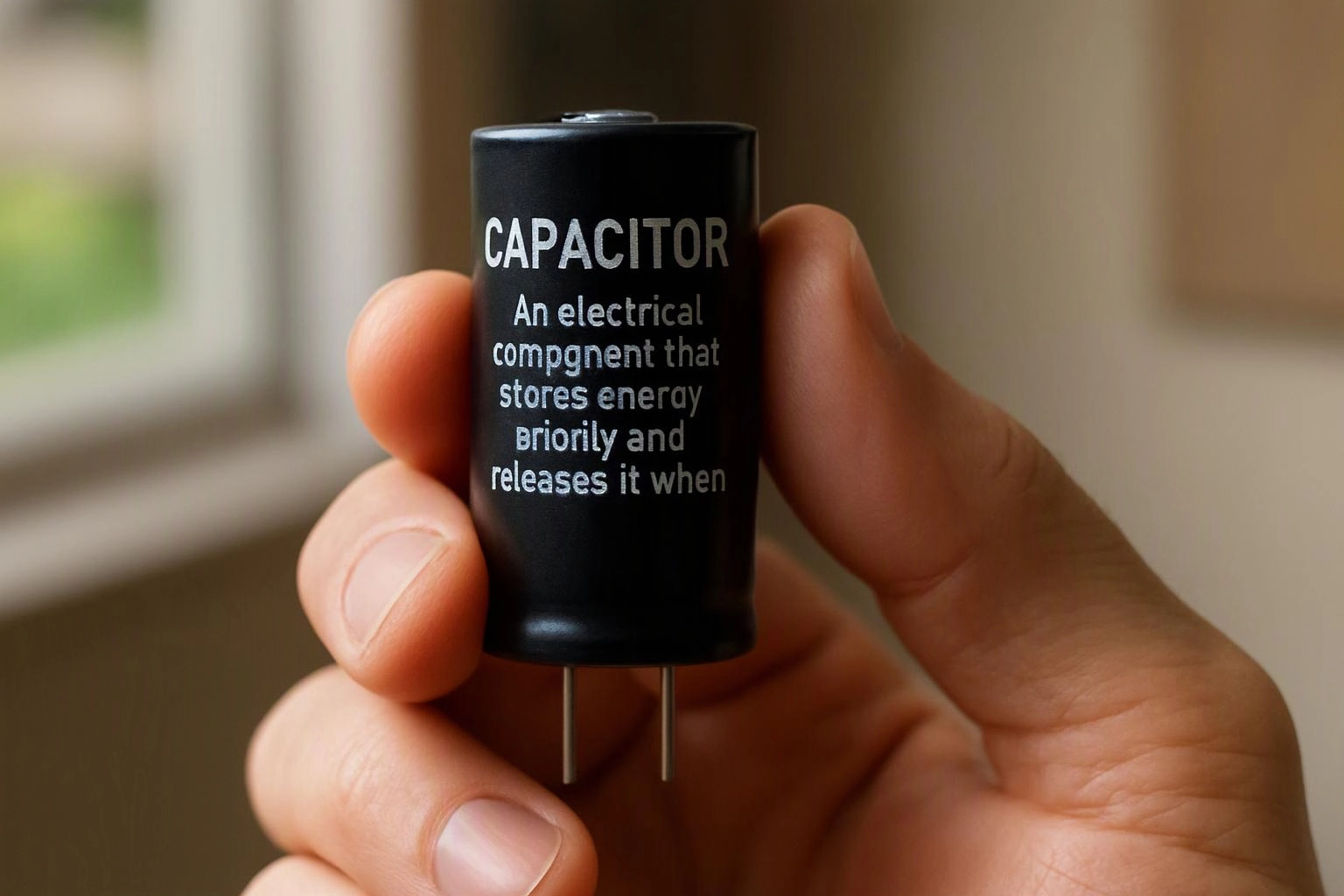A hand holds a black capacitor with printed text, against a softly blurred indoor background