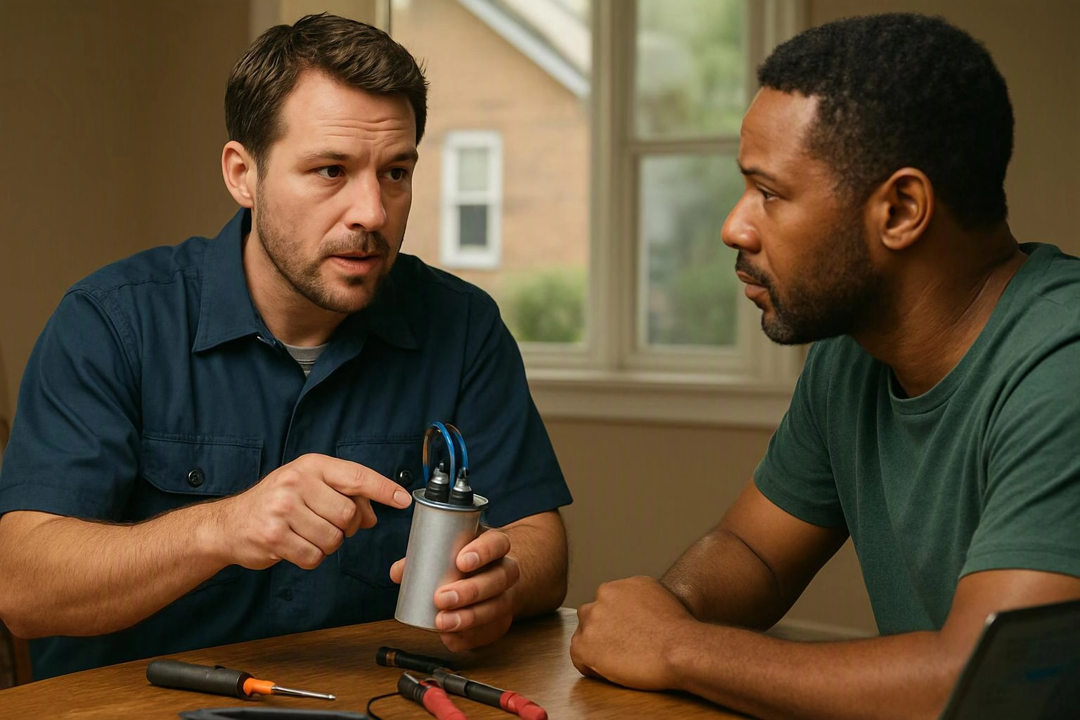 Two men sit at a table as one points to a small metal canister with wires in a bright room
