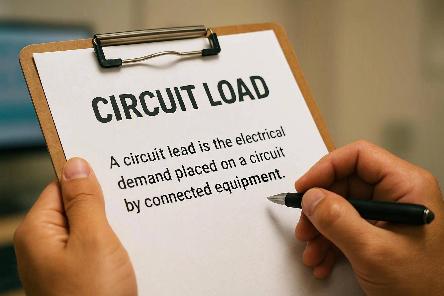 Hands hold a clipboard with a sheet titled “CIRCUIT LOAD” and a pen beside printed text about electrical demand