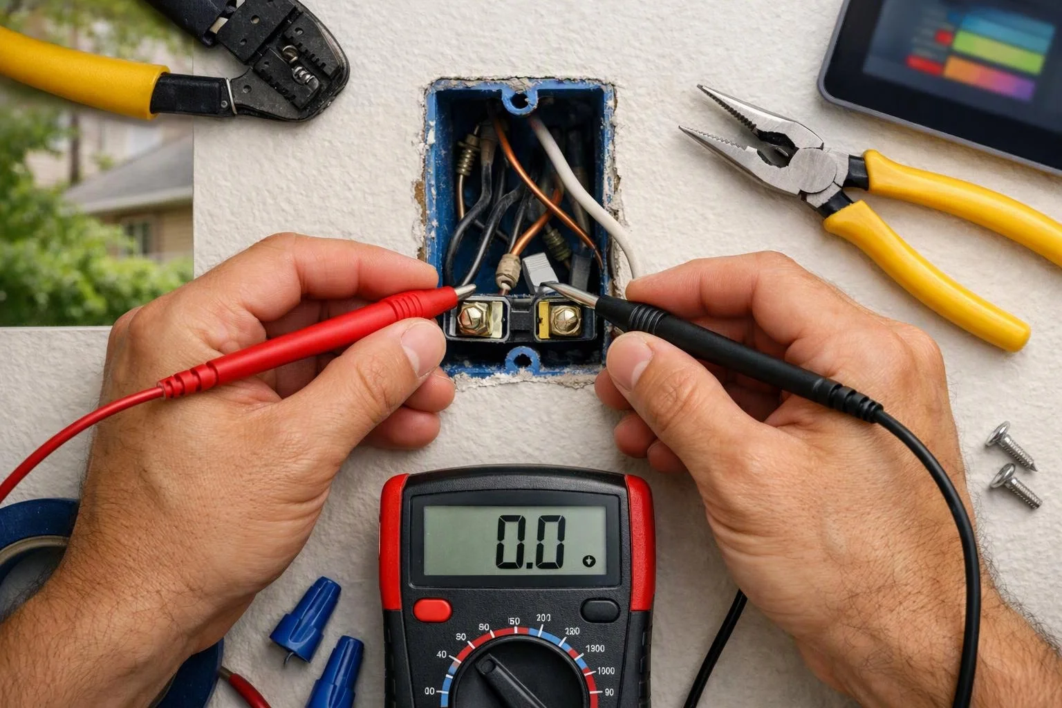 Hands test a wall outlet box with a digital multimeter and pliers on a white wall