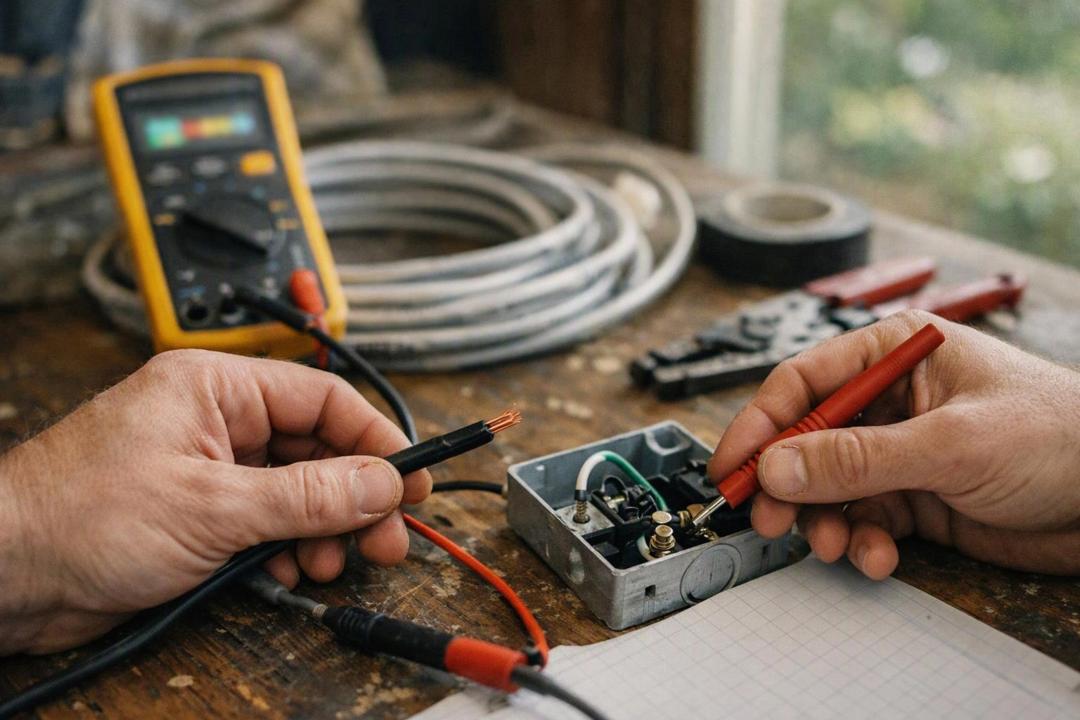 Hands work on an open electrical box, testing wires with probes beside a multimeter on a wooden table