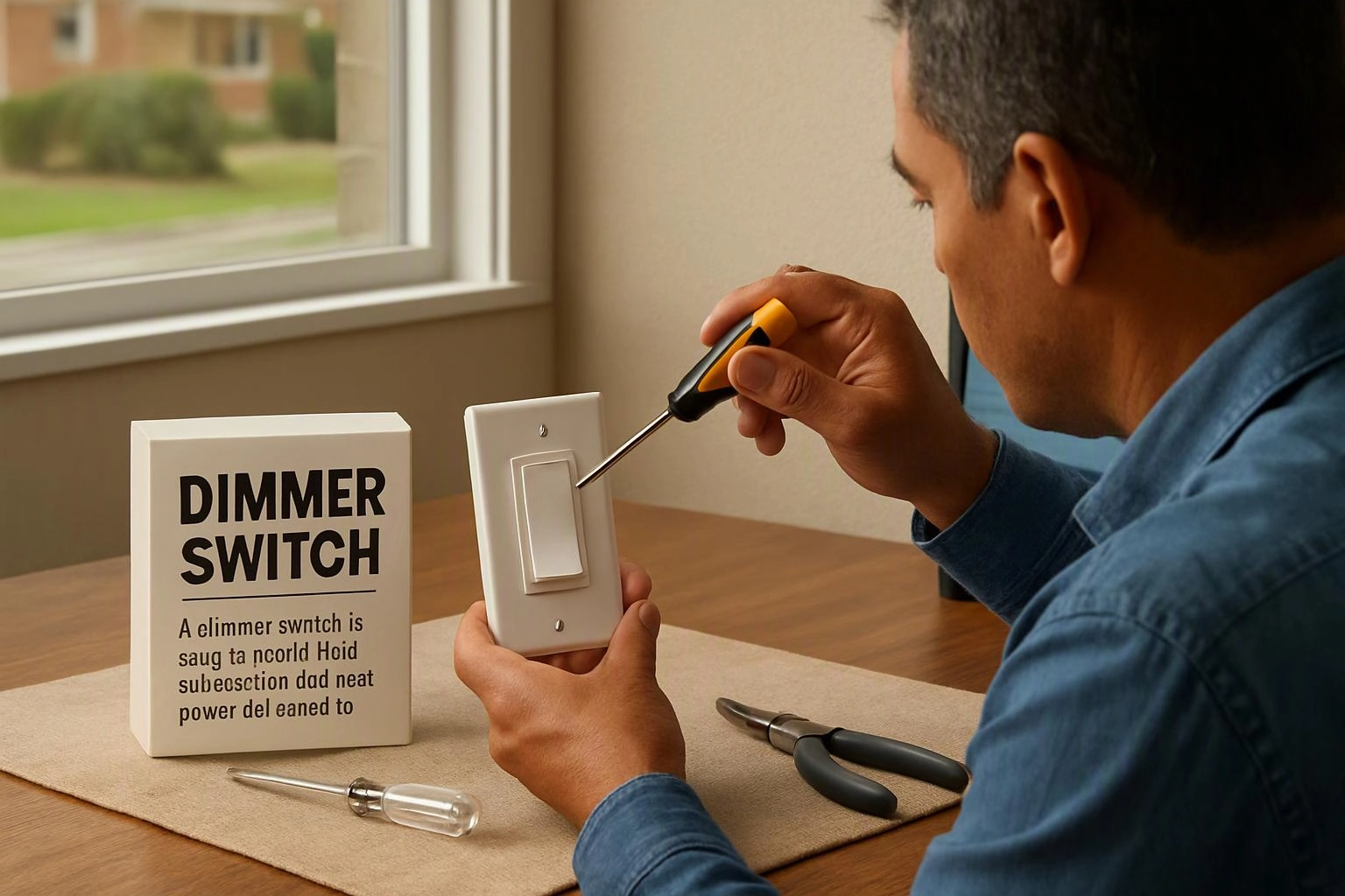 A man studies a dimmer switch with a screwdriver beside its instruction box at a table
