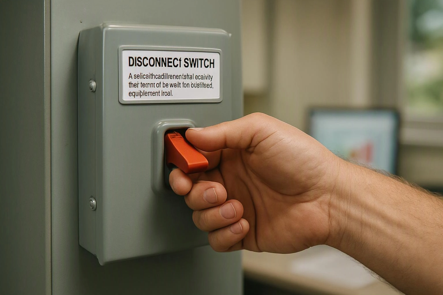 A hand pulls a red disconnect switch on a gray electrical box in an indoor room