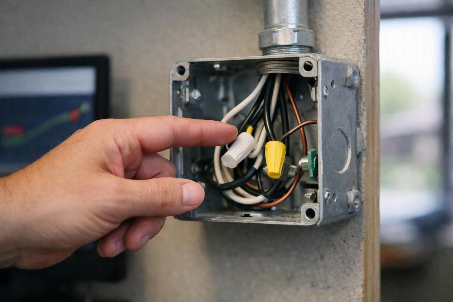 A hand points at exposed electrical wires inside a metal junction box mounted on a wall