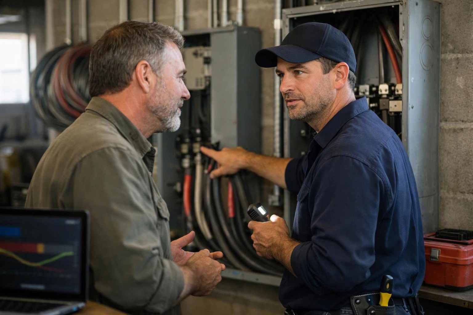 Two men talk beside open electrical panels, one pointing at cables while holding a flashlight in a workshop