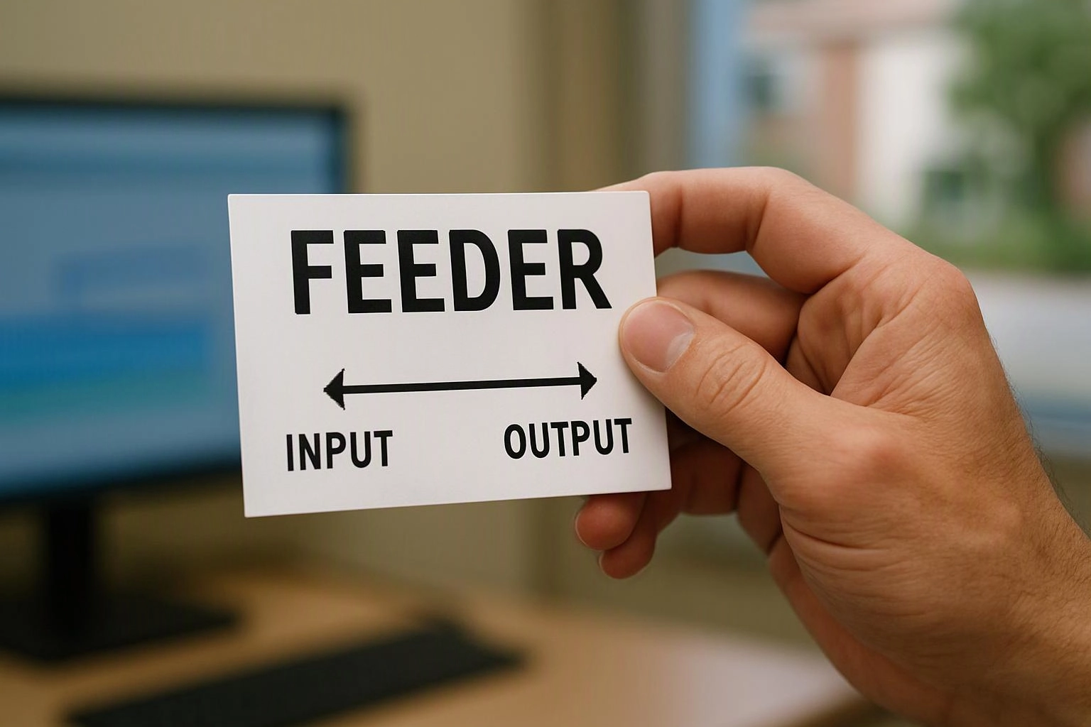 A hand holds a card labeled FEEDER with input and output arrows in front of a blurred monitor