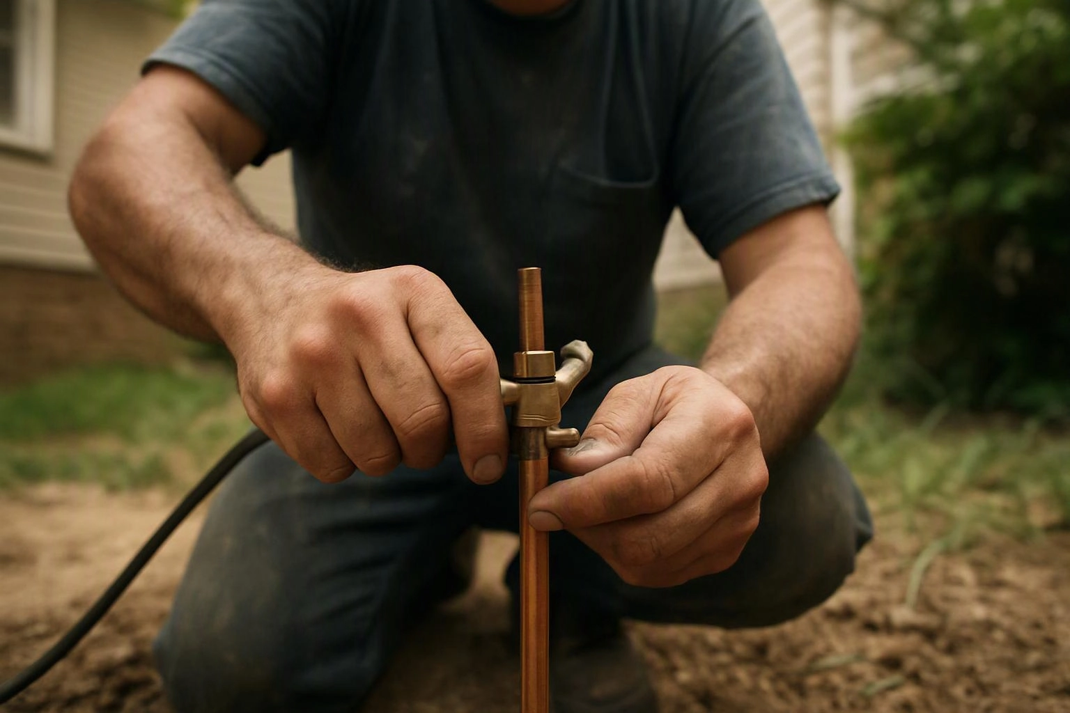 A kneeling man adjusts a copper pipe fitting outdoors beside a house