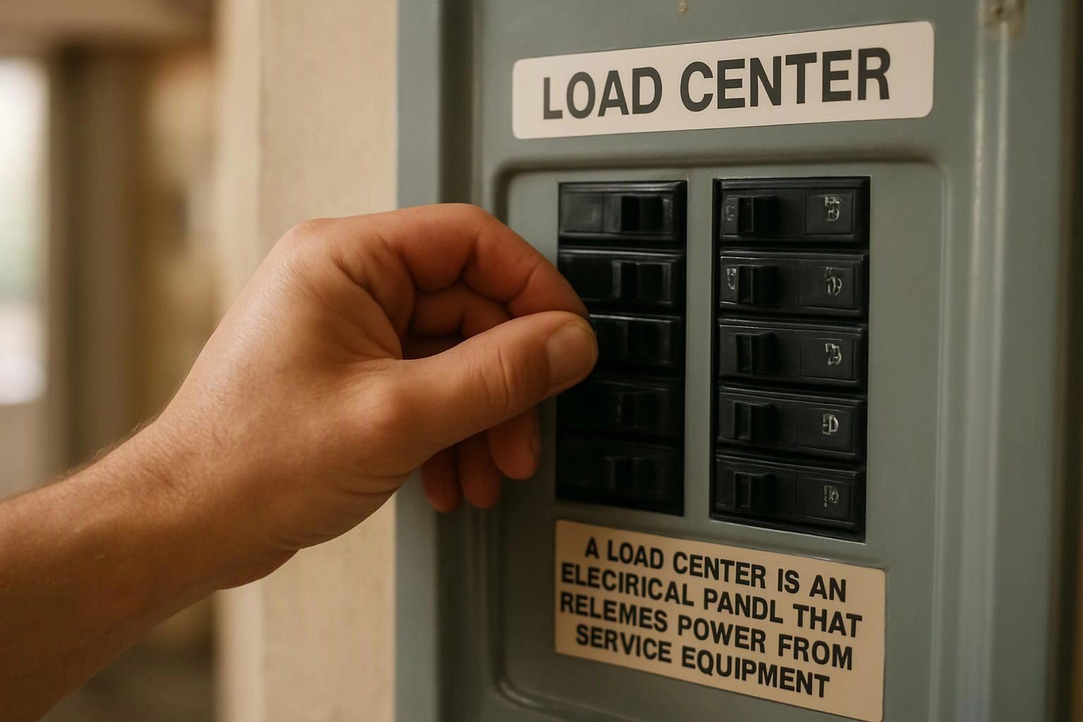 A hand flips a breaker switch on a gray electrical load center with bold labels