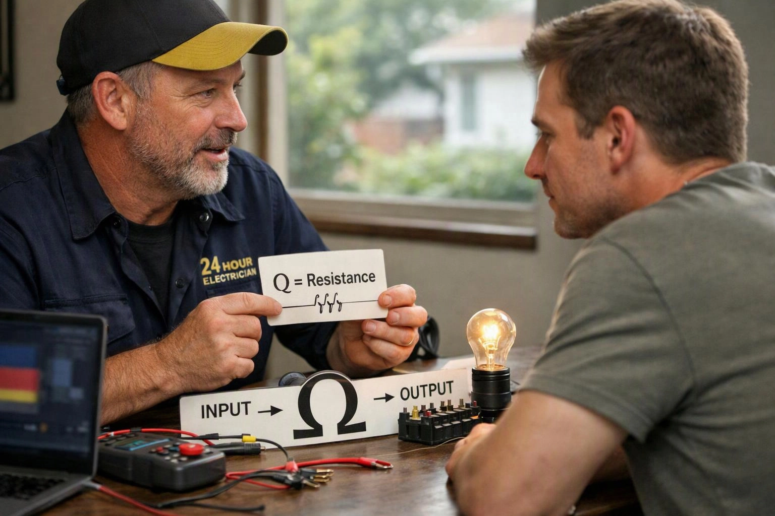Two men discuss an electrical demonstration with a lit bulb, cards, and test equipment on a table