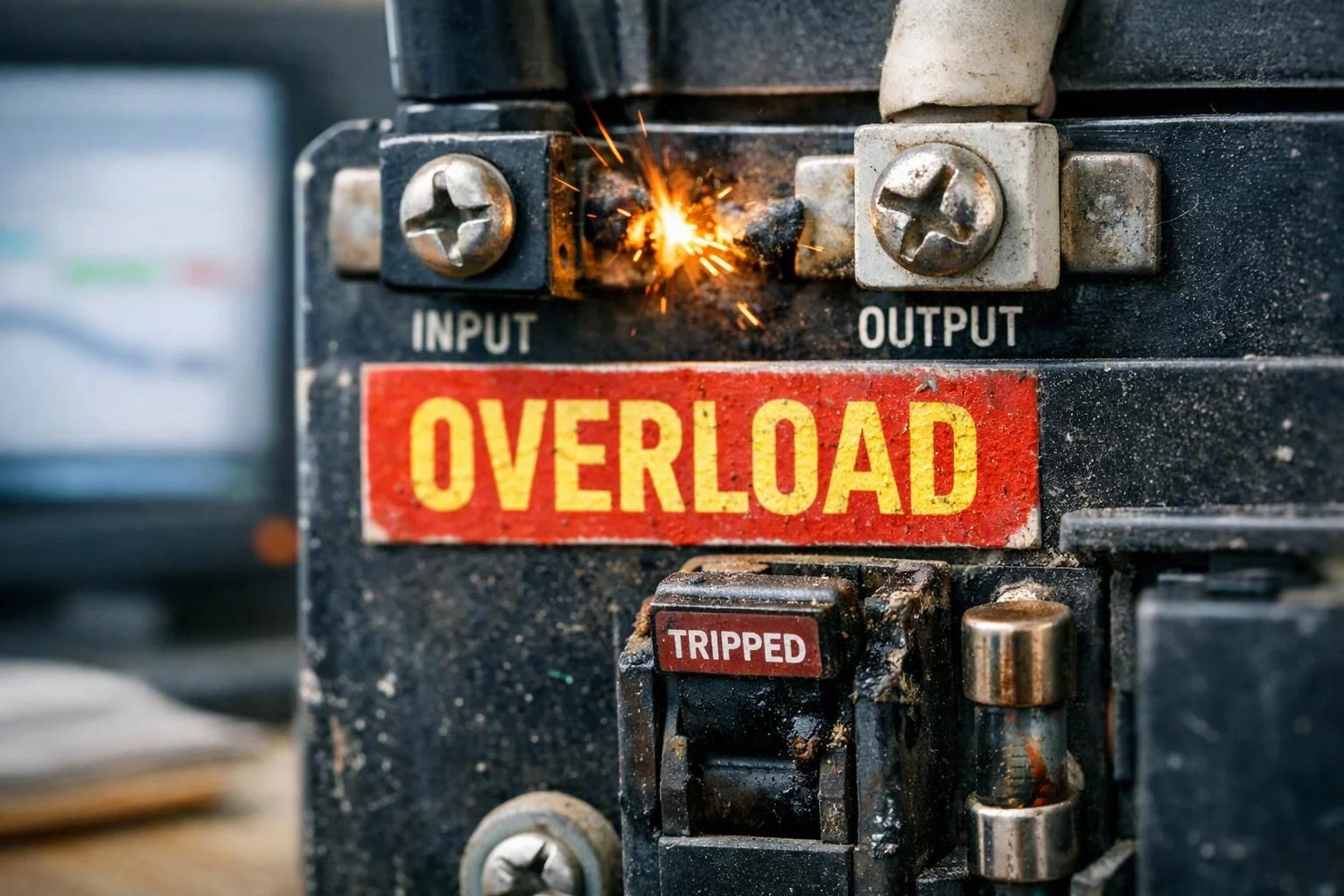 Close-up of an overloaded electrical breaker sparking near the input and output terminals inside a dusty panel