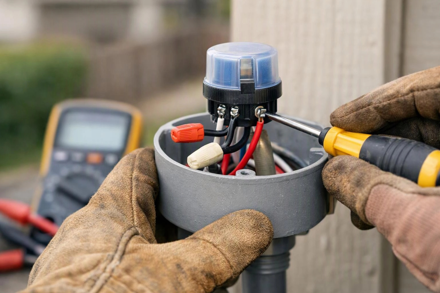 Gloved hands tighten a screw on an electrical wire assembly with a screwdriver outdoors