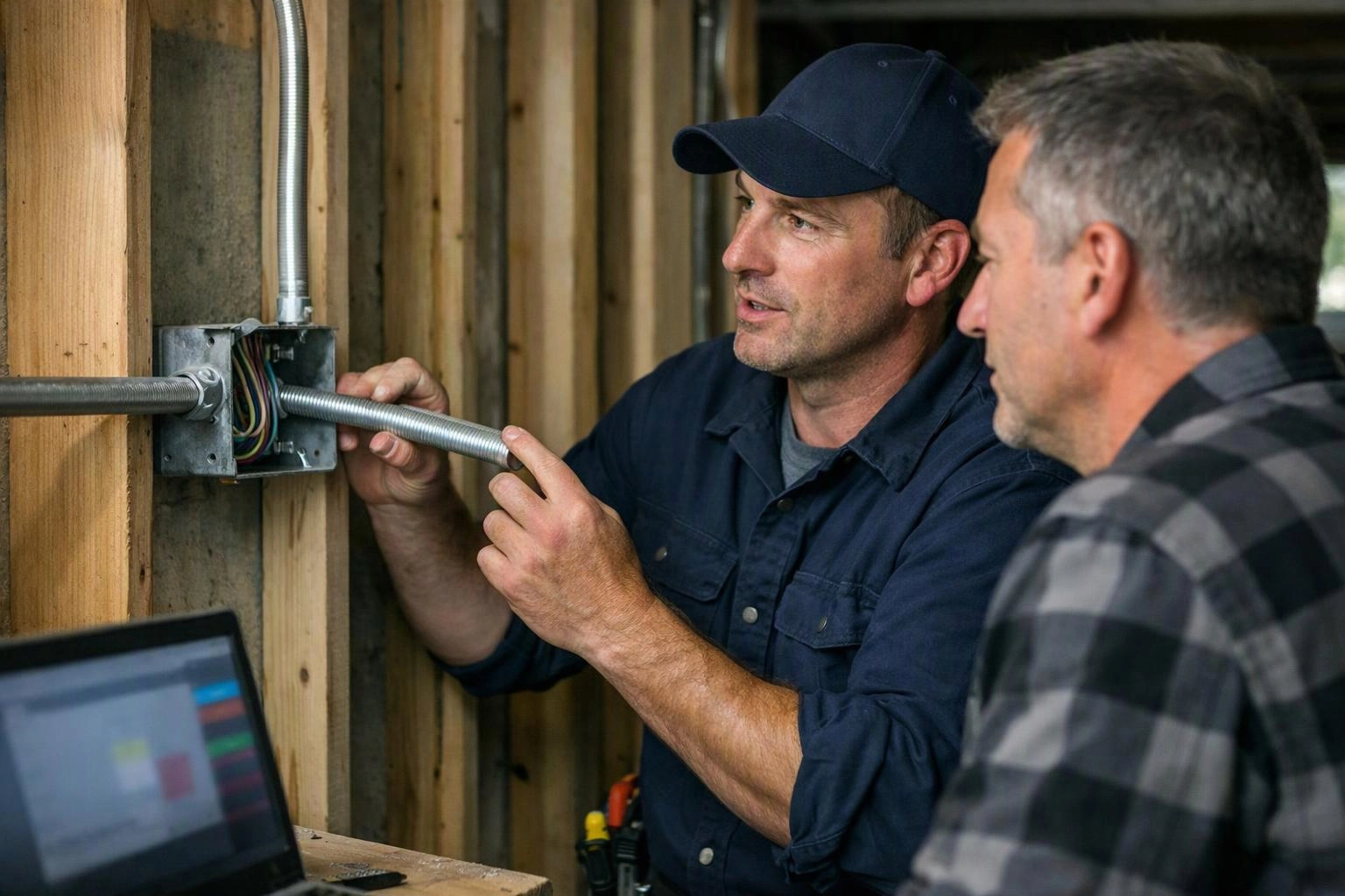 Two men inspect wiring in an unfinished wooden wall, one holding a metal conduit near an open junction box