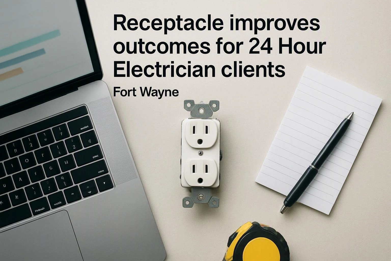 A laptop, wall outlet, notepad and pen sit under large headline text about electrician clients