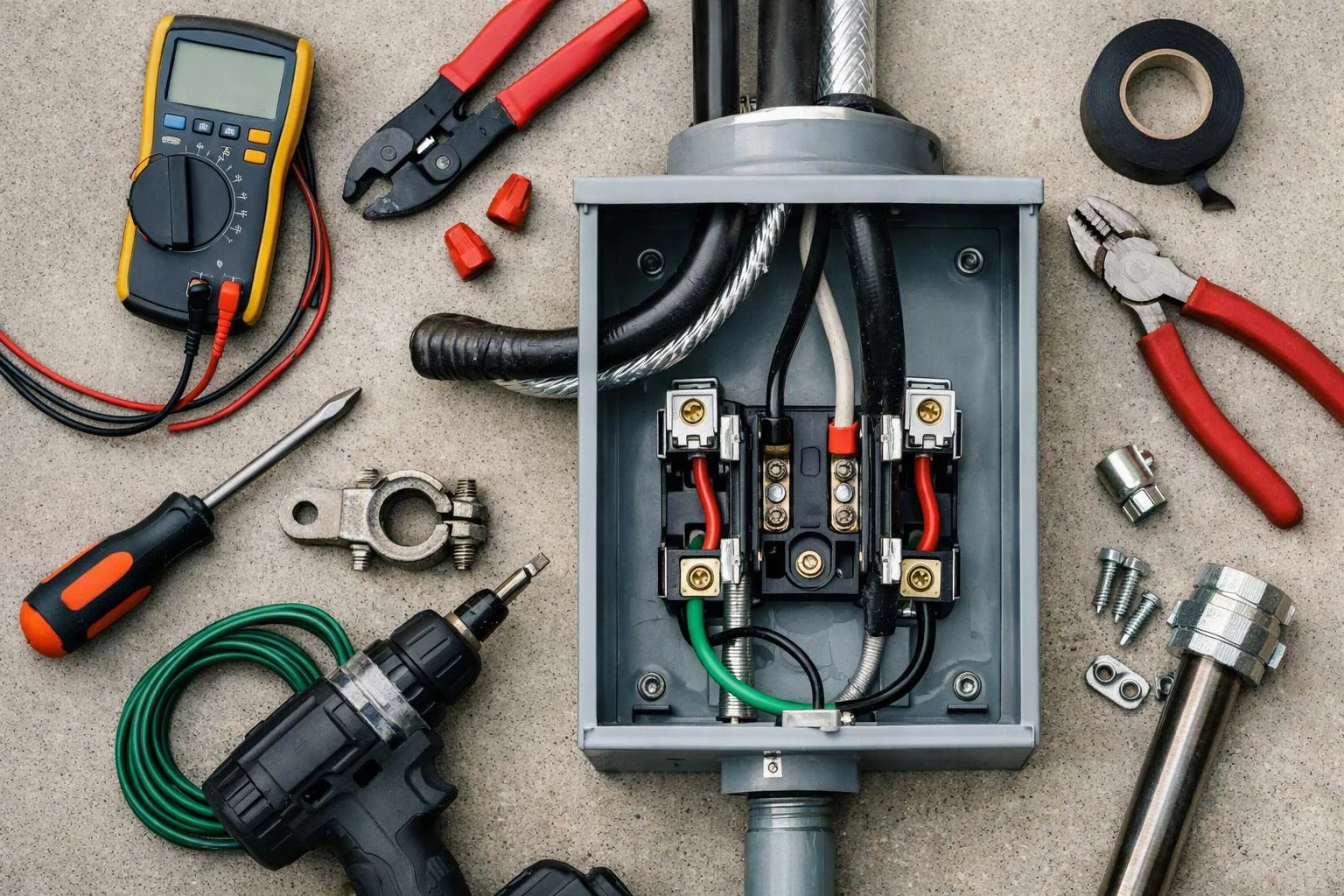 An open electrical panel sits on a concrete floor, surrounded by tools, wires, screws, and fittings