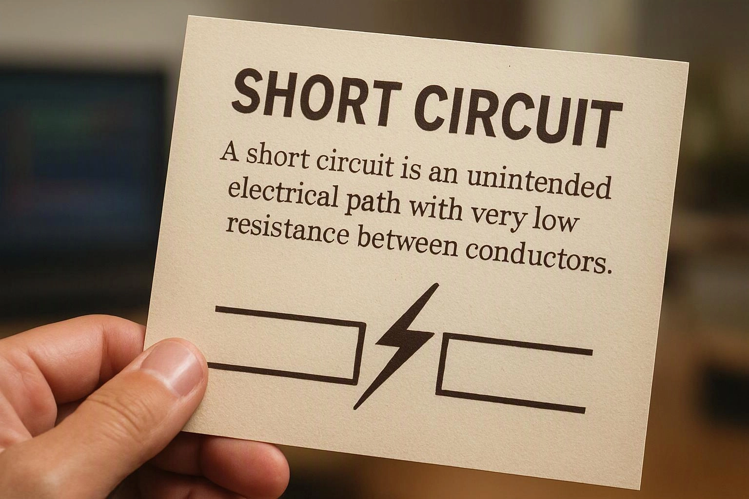 A hand holds a card reading “SHORT CIRCUIT” with a simple electrical symbol on a blurred indoor background