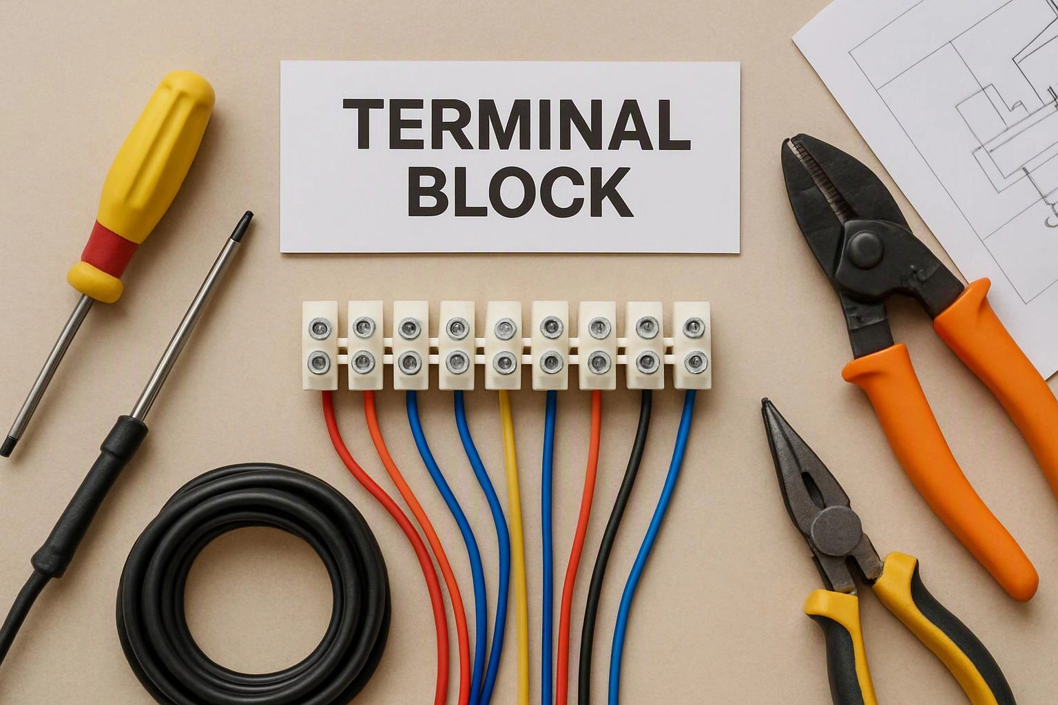 A terminal block with colored wires sits on a beige surface beside screwdrivers, pliers, cable, and a wiring diagram sheet