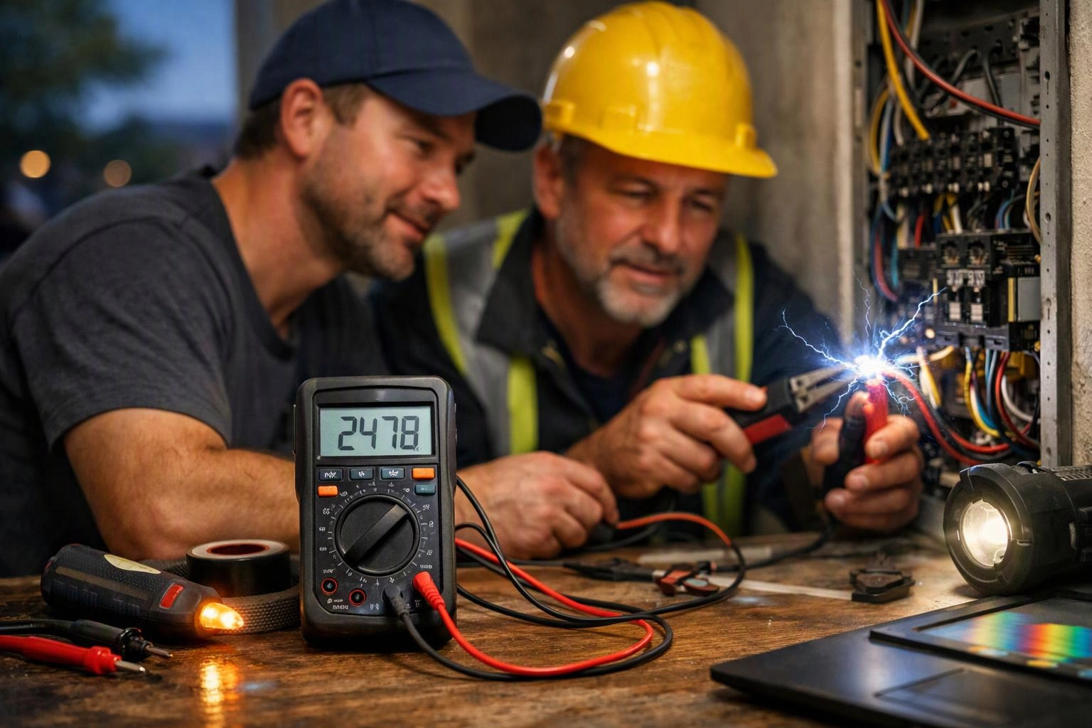 Two workers inspect an open electrical panel, one using pliers as a bright spark flashes beside a multimeter on a workbench