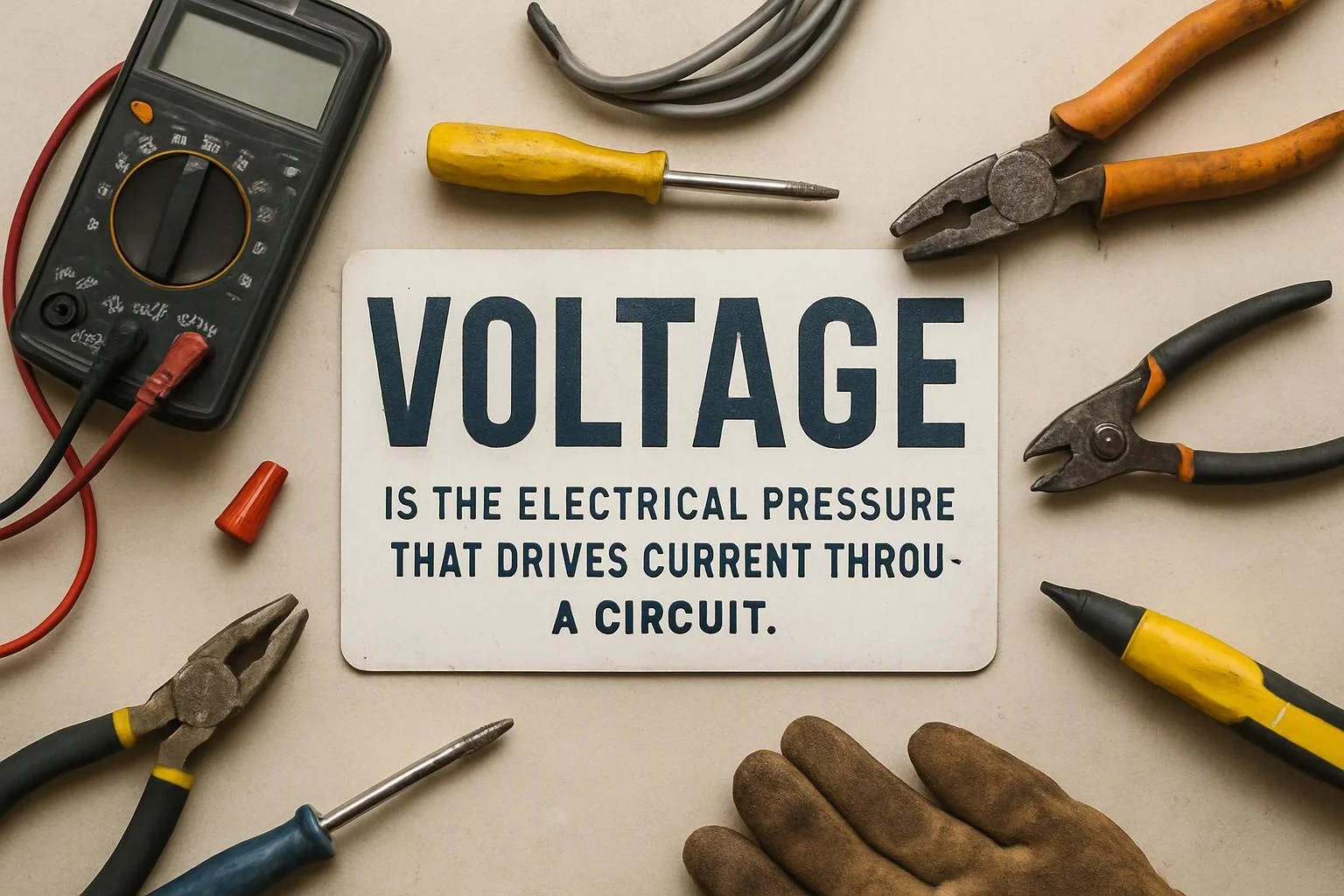A voltage sign sits among electrical tools, including a multimeter, pliers, screwdrivers, cables