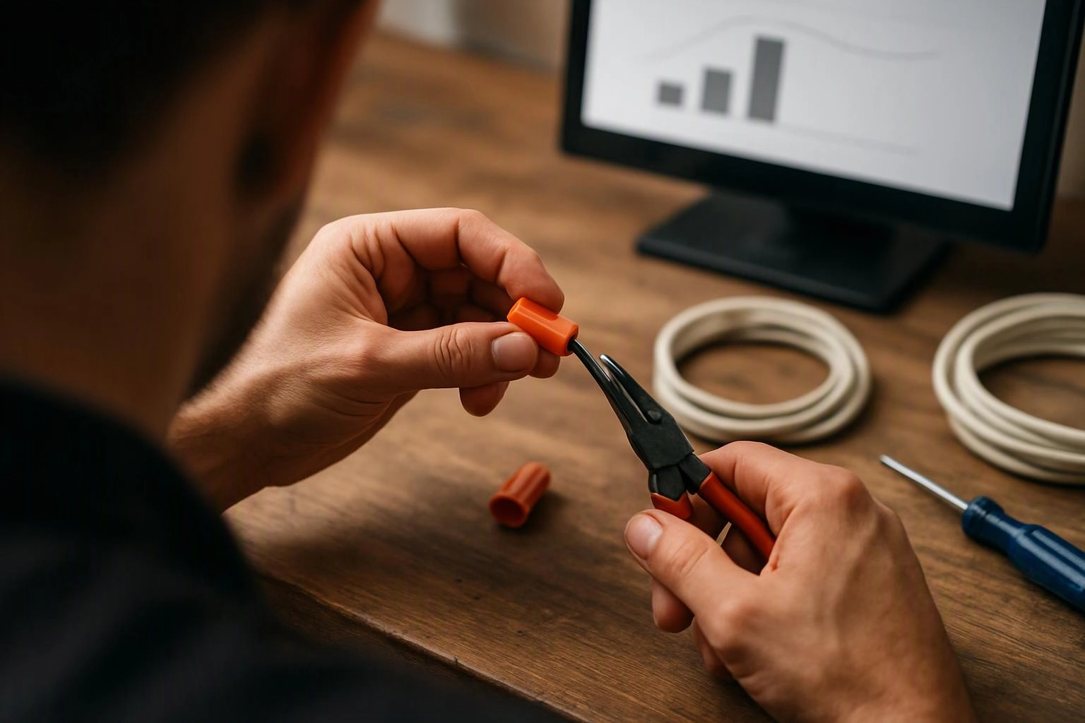 A person crimps an orange connector on a cable at a wooden desk with a monitor and coiled wire nearby