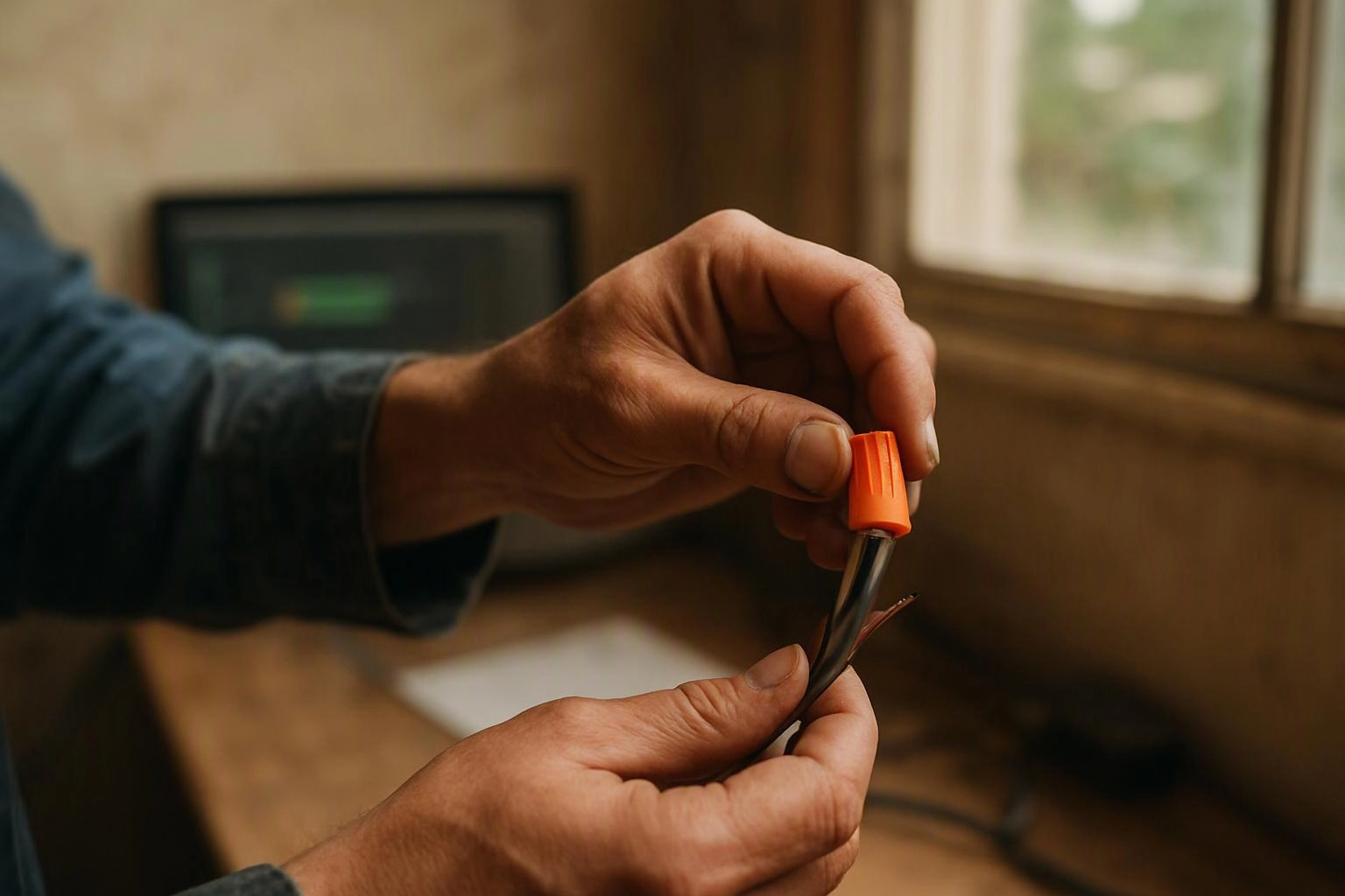 Hands twist an orange wire connector onto black electrical cables beside a sunlit window