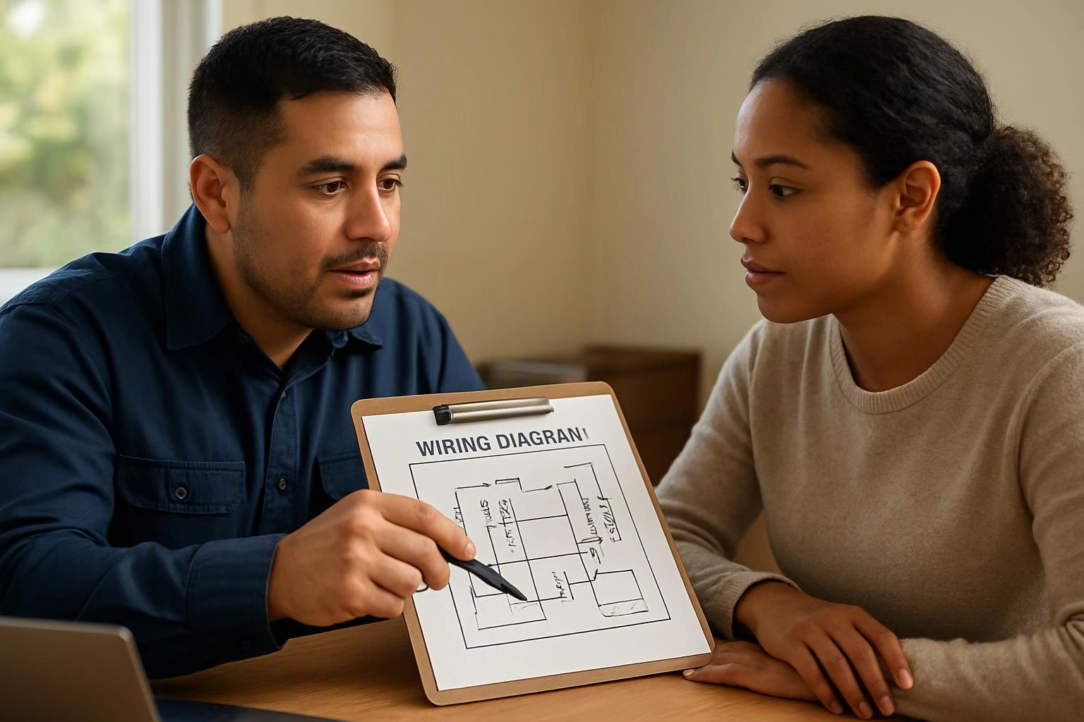Two people study a wiring diagram on a clipboard at a table, with one pointing at the page