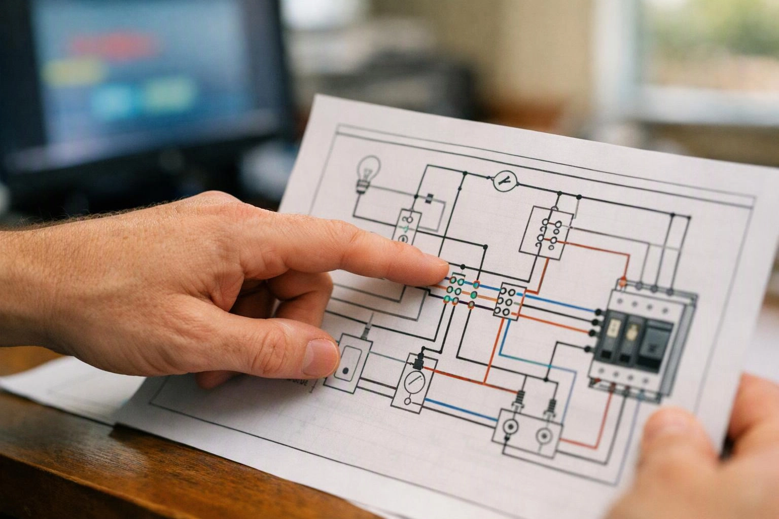 Hands point to a printed electrical wiring diagram on a desk with a blurred computer in the background