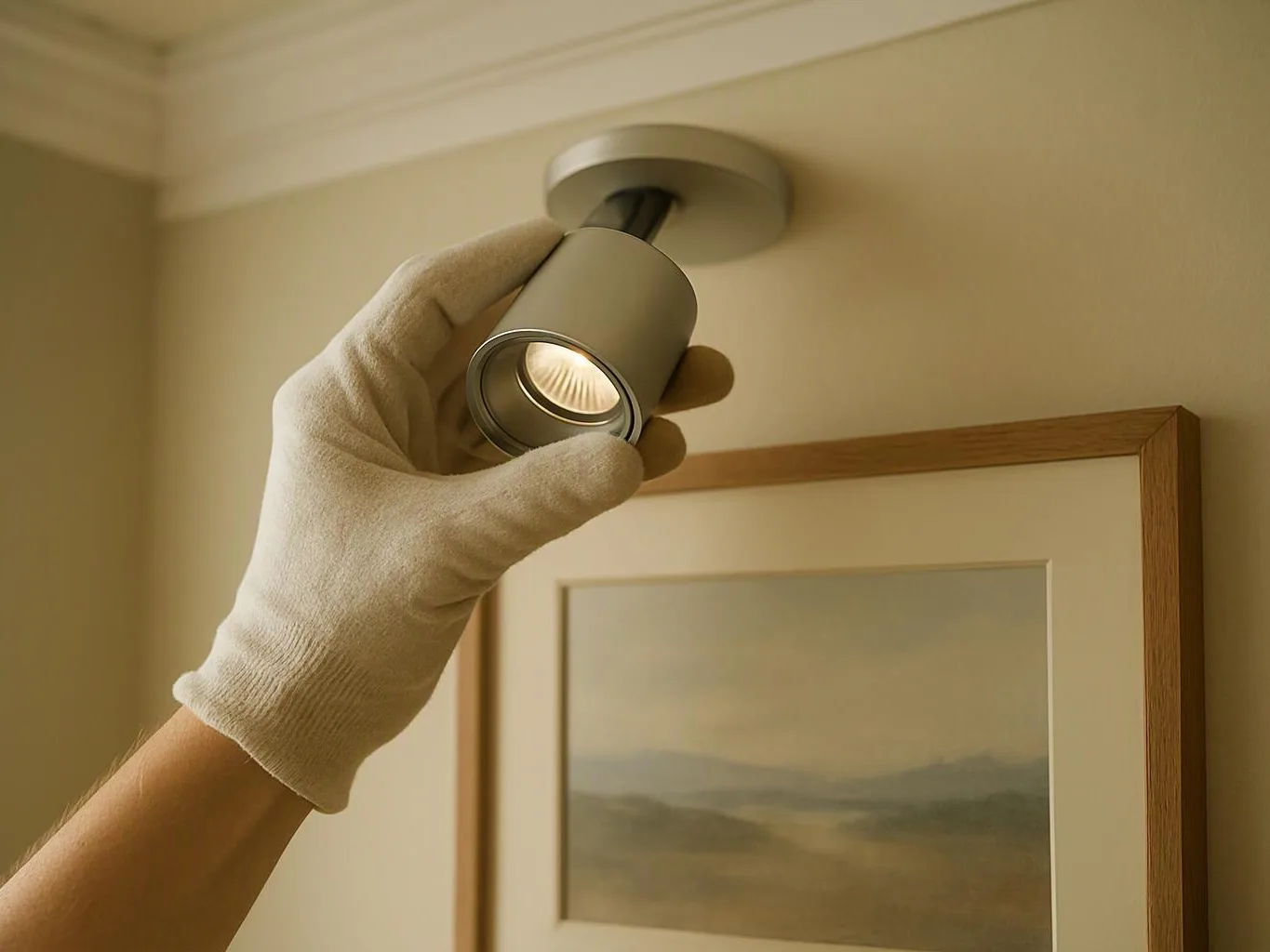 A gloved hand adjusts a ceiling spotlight above a framed landscape print on a beige wall