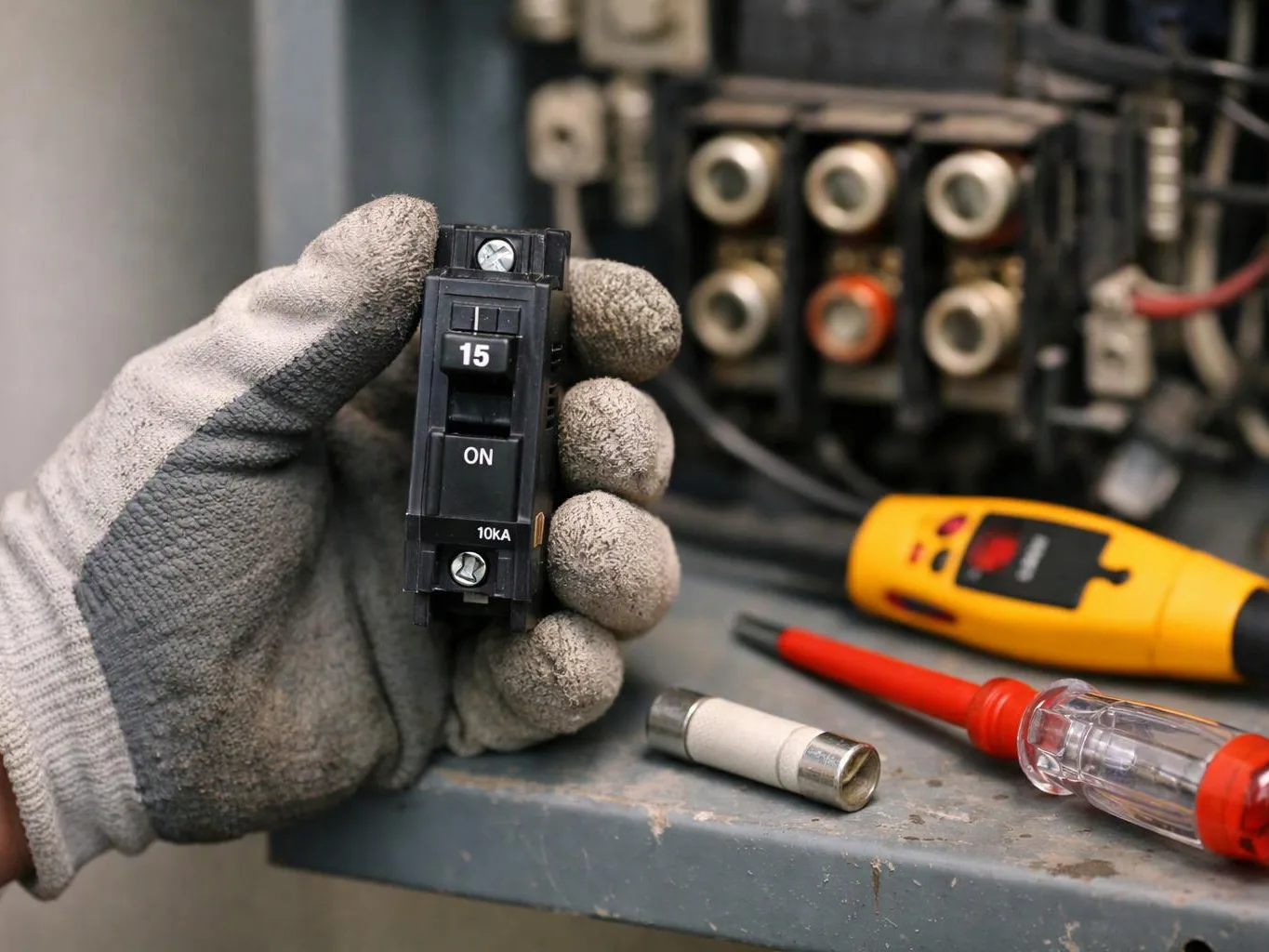 A gloved hand holds a black 15-amp circuit breaker beside electrical tools on a metal workbench